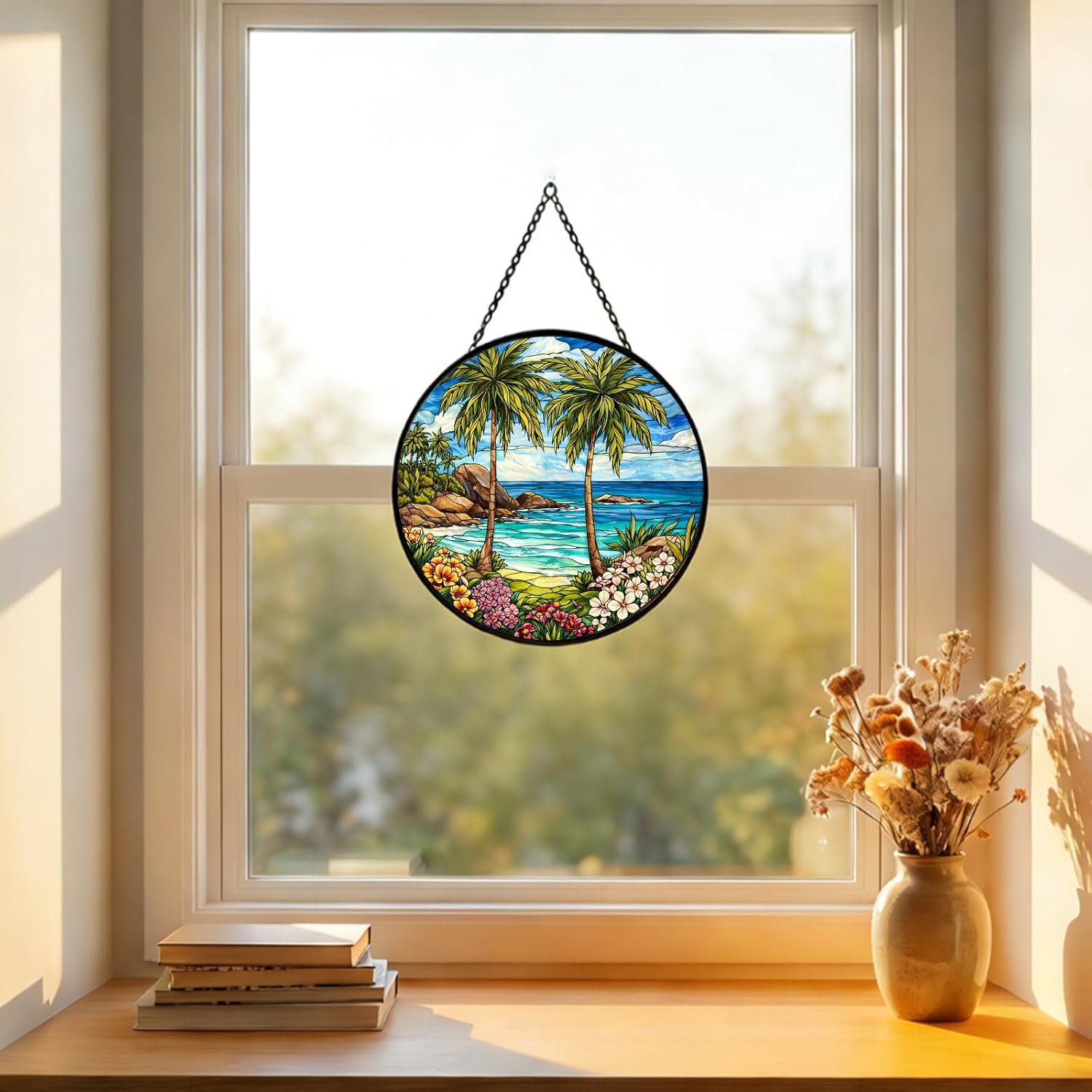 Stained Glass Window Hanging Suncatcher 11.8 in Tropical Beach Palm Trees and Flowers Colorful Glass Panel Sun Catcher for Window， Window Hanging Decor for Home， Housewarming Gift