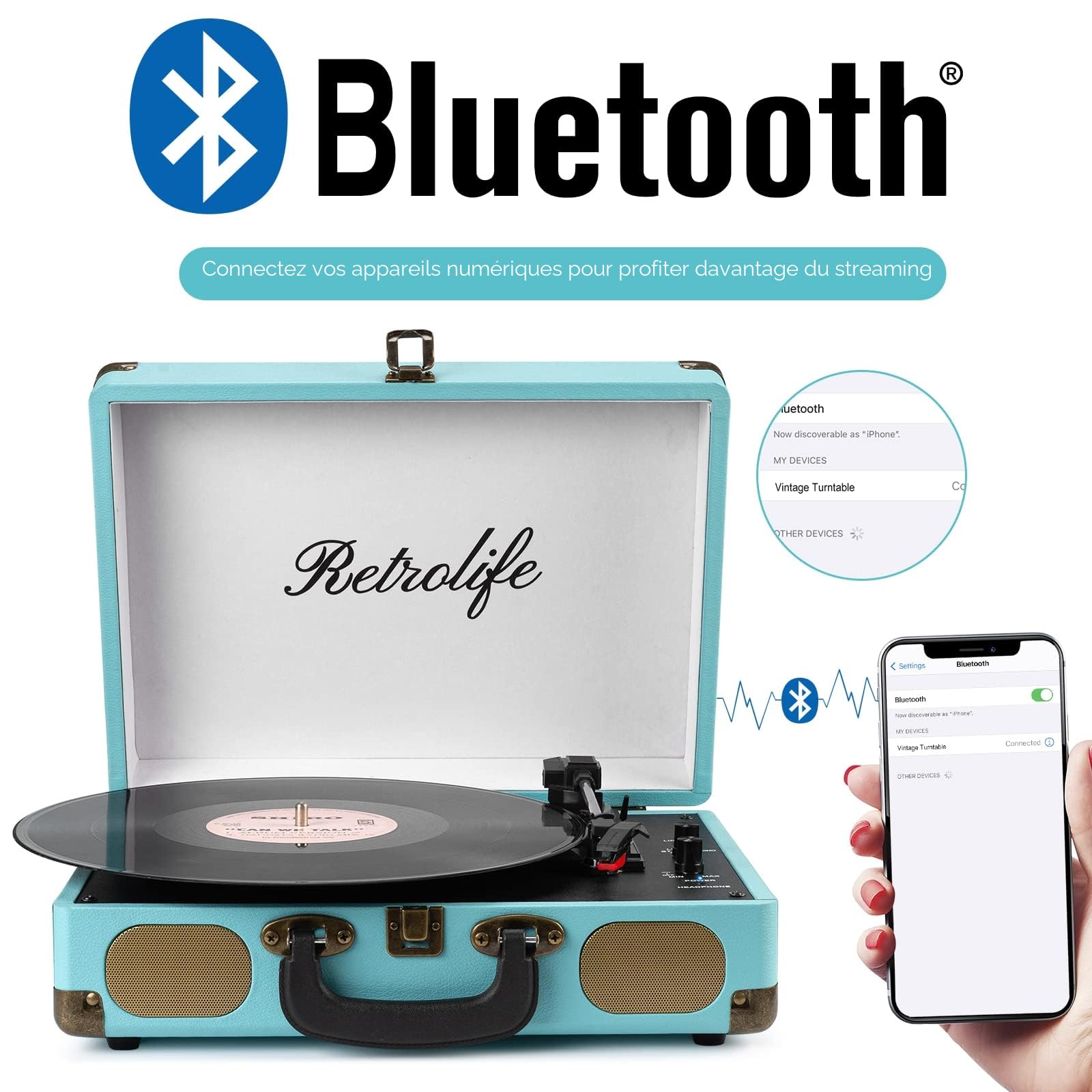 Retrolife Platine Vinyle 3 Vitesses Bluetooth Portable, Bleu Classique