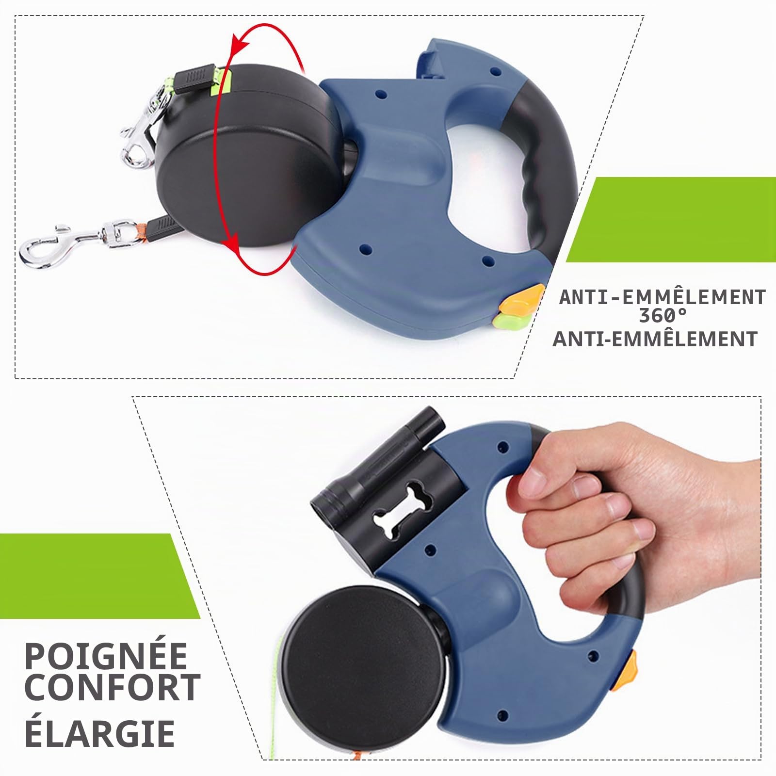 Laisse pour Chien, Laisse Chien Enrouleur, Double Laisse pour 2 Chiens, Laisse Rétractable Chien, Enrouleur, Extensible, Rétractable, 3 Metres, 360º sans Enchevetrement (Bleu)