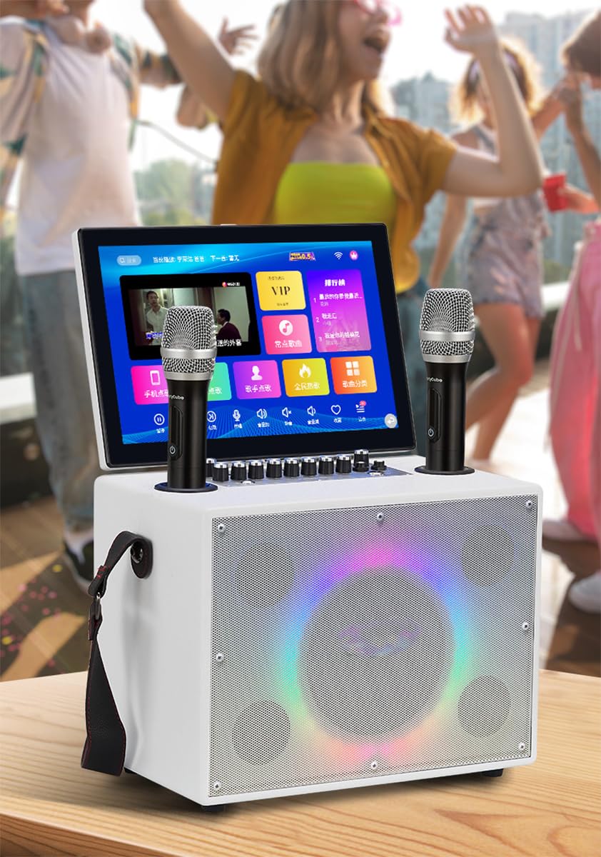 Urządzenie do karaoke z 14-calowym wyświetlaczem, przenośnym głośnikiem Bluetooth, 2 mikrofonami bezprzewodowymi, dyskiem twardym 500G i uchwytem audio (white)