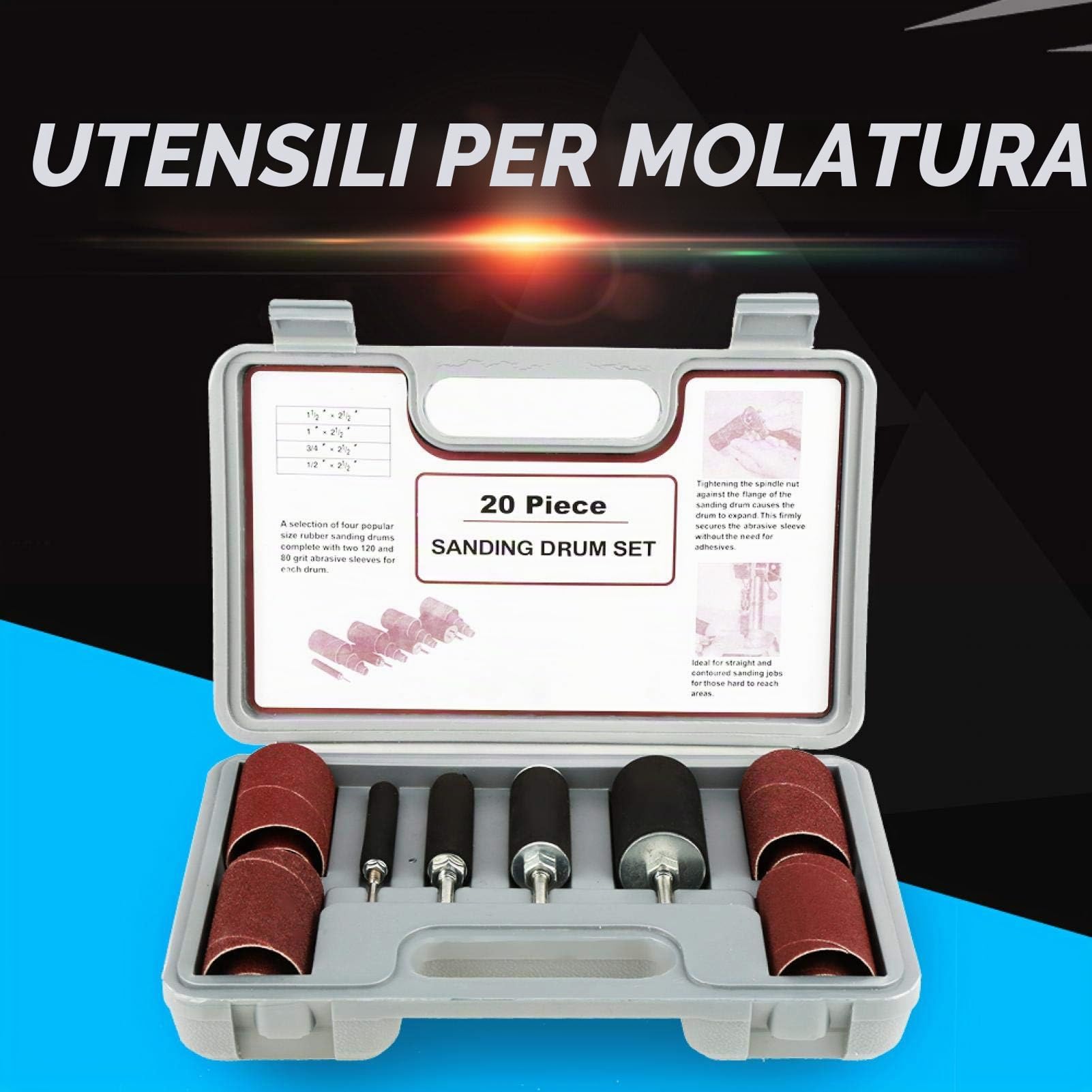 Set levigatrice a tamburo, 20 accessori per levigatura inclusi 16 manicotti per levigare le unghie e 4 mandrini a tamburo per miglioramento domestico / fai-da-te /