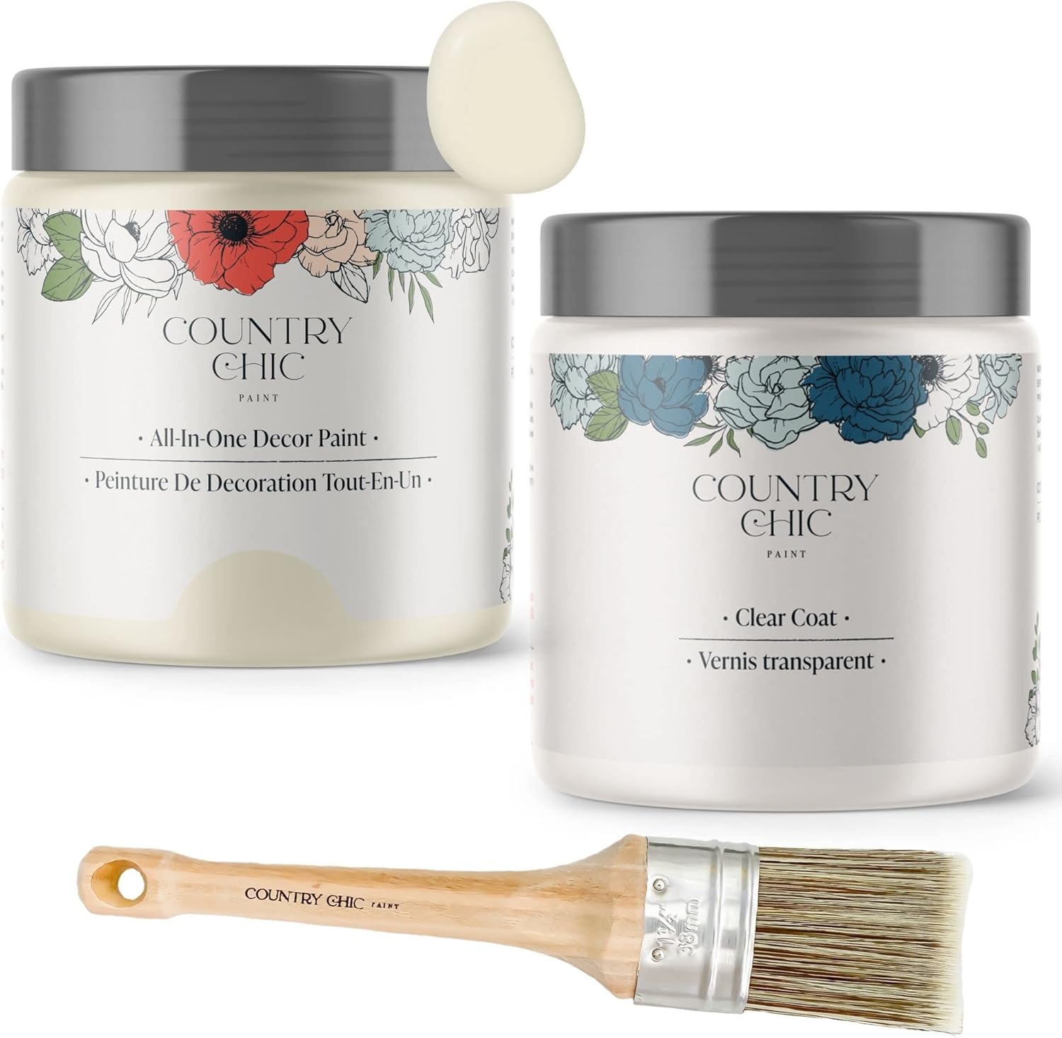 Chalk Style Paint + Clear Coat + Paint Brush Bundle - for Furniture, Home Decor, Crafts (Color: Vanilla Frosting [pint - 16 oz] - Off White)