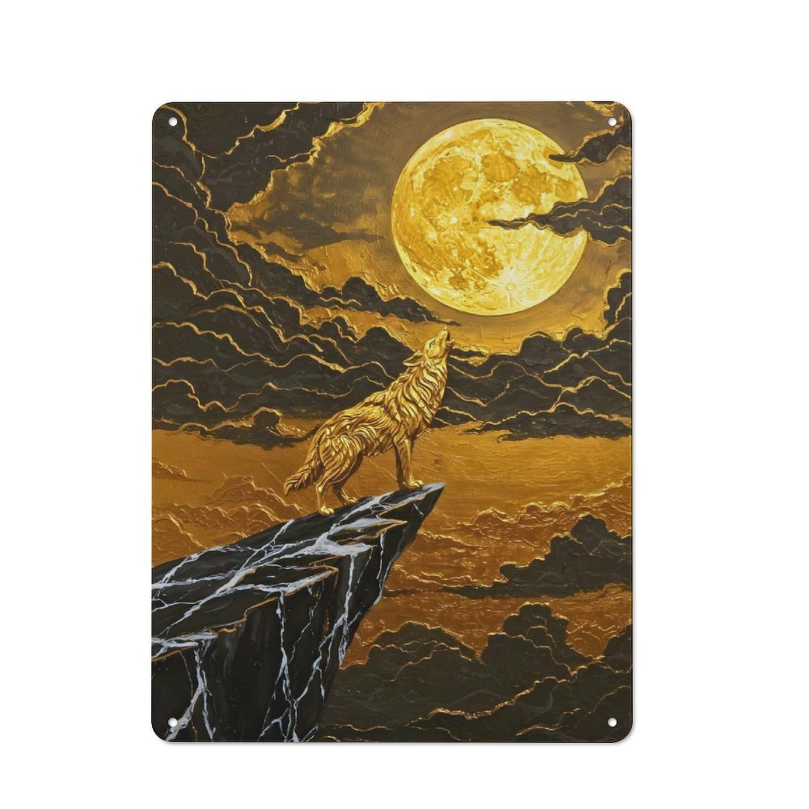 Golden Wolf Howling at The Moon Vintage Metal Sign 40x30cm, Cafe Style Restaurant Wall Art for Takeaway, Bar, Kitchen Or Counter Area