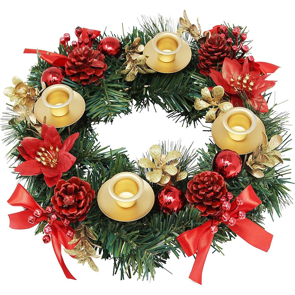 Couronne de l'Avent de Noël de 30,5 cm - Bougeoir de l'Avent artificiel avec ruban - Pommes de pin - Pour l'Avent, la pièce maîtresse, les vacances, Noël, la décoration de la maison - Pas de bougies