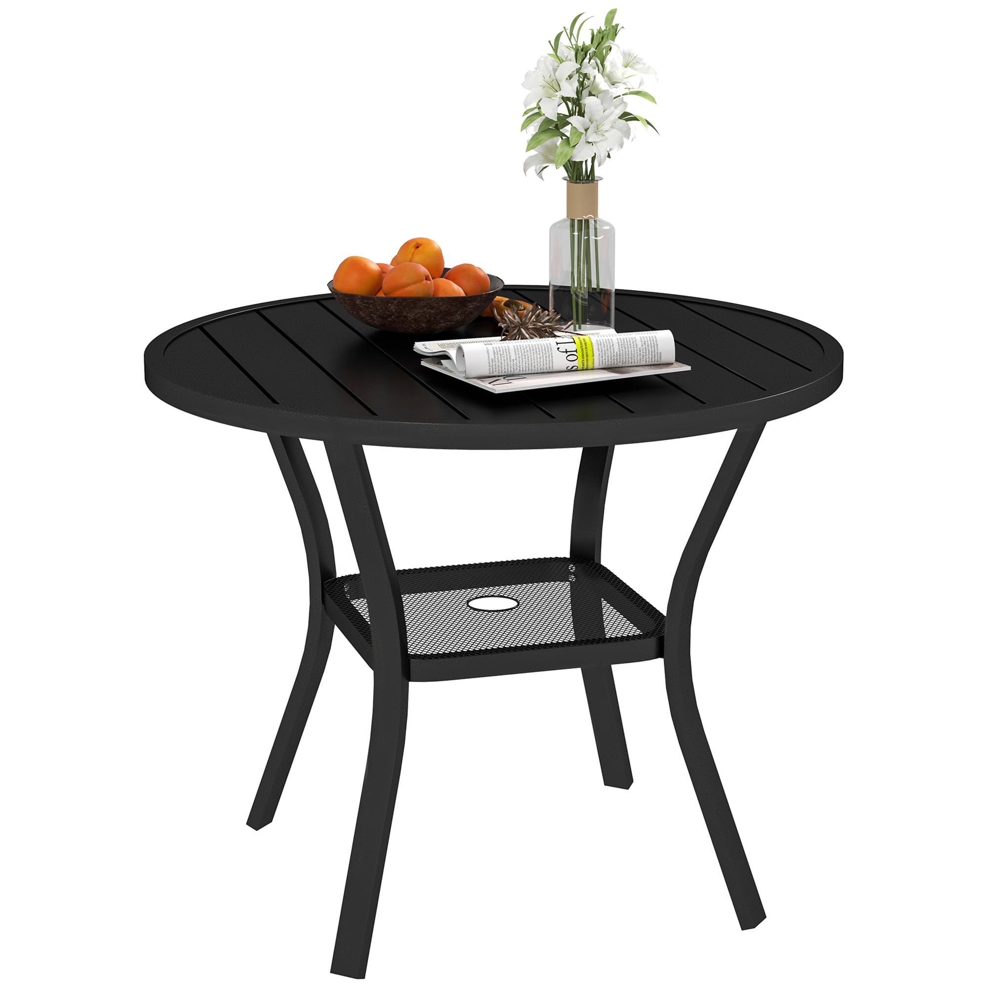 Outsunny Mesa de Jardín Exterior con Orificio para Sombrilla Mesa de Comedor Exterior Redonda con Encimera de Metal Estante Inferior y Estructura de Acero para Patio Terraza Ø90x73 cm Negro
