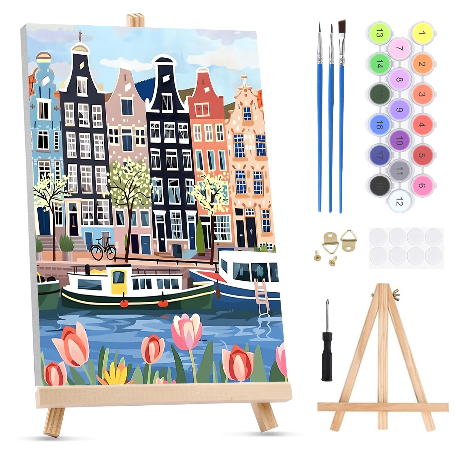 QENSPE Paint by Numbers for Adults on Framed Canvas - with Wooden Easel, Amsterdam Painting by Number Kit for Beginners, DIY Netherlands Acrylic Oil Painting for Home Wall Decor 8x12 Inch
