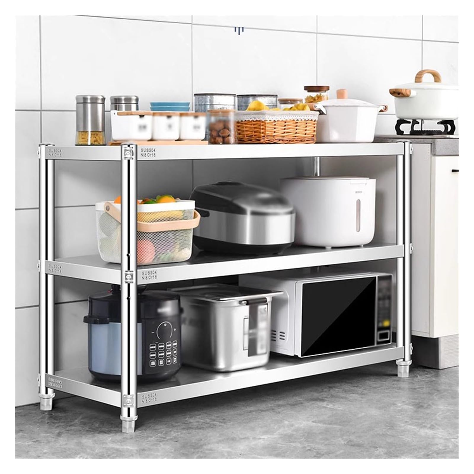 Schwerlastregal Küchenregal Aus Edelstahl 304 – Hygienische Aufbewahrungslösung for Die Küche – 3 Ebenen(90x50x100cm)