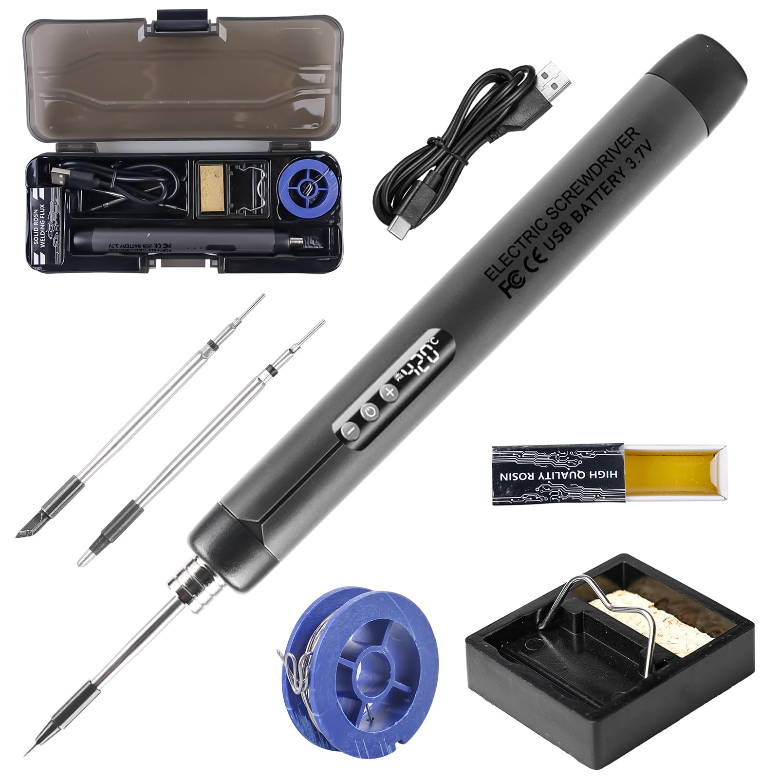 Juego de soldador con batería: recargable USB con LCD, 3 temperaturas ajustables, 300-450 ℃, 1000 mAh, estación de soldadura inalámbrica con 3 puntas de soldadura, alambre de soldadura, juego de