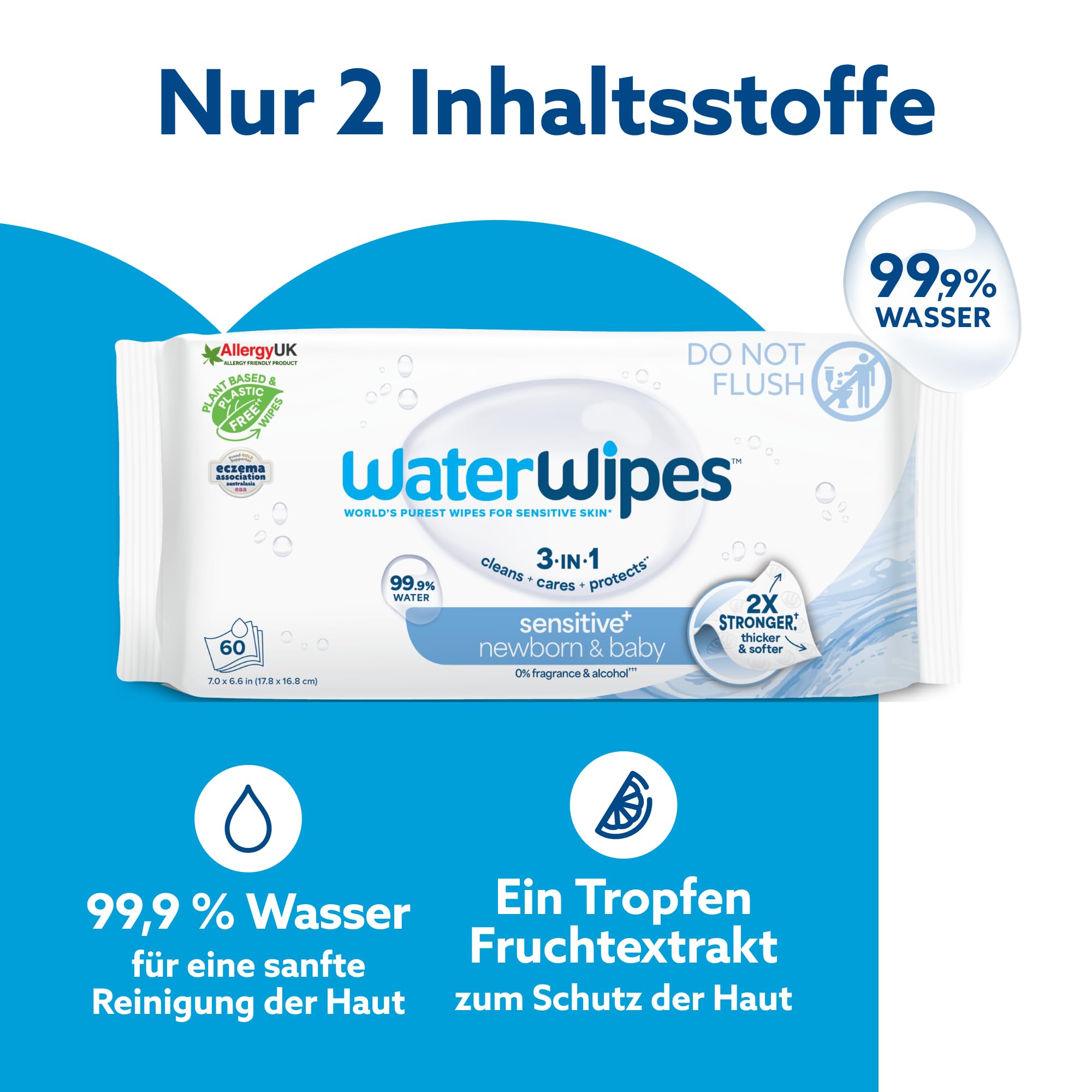 WaterWipes Sensitive+ Feuchttücher für Neugeborene und Babys, 720 Stück (12 Packungen), 99,9% Wasser, parfümfrei