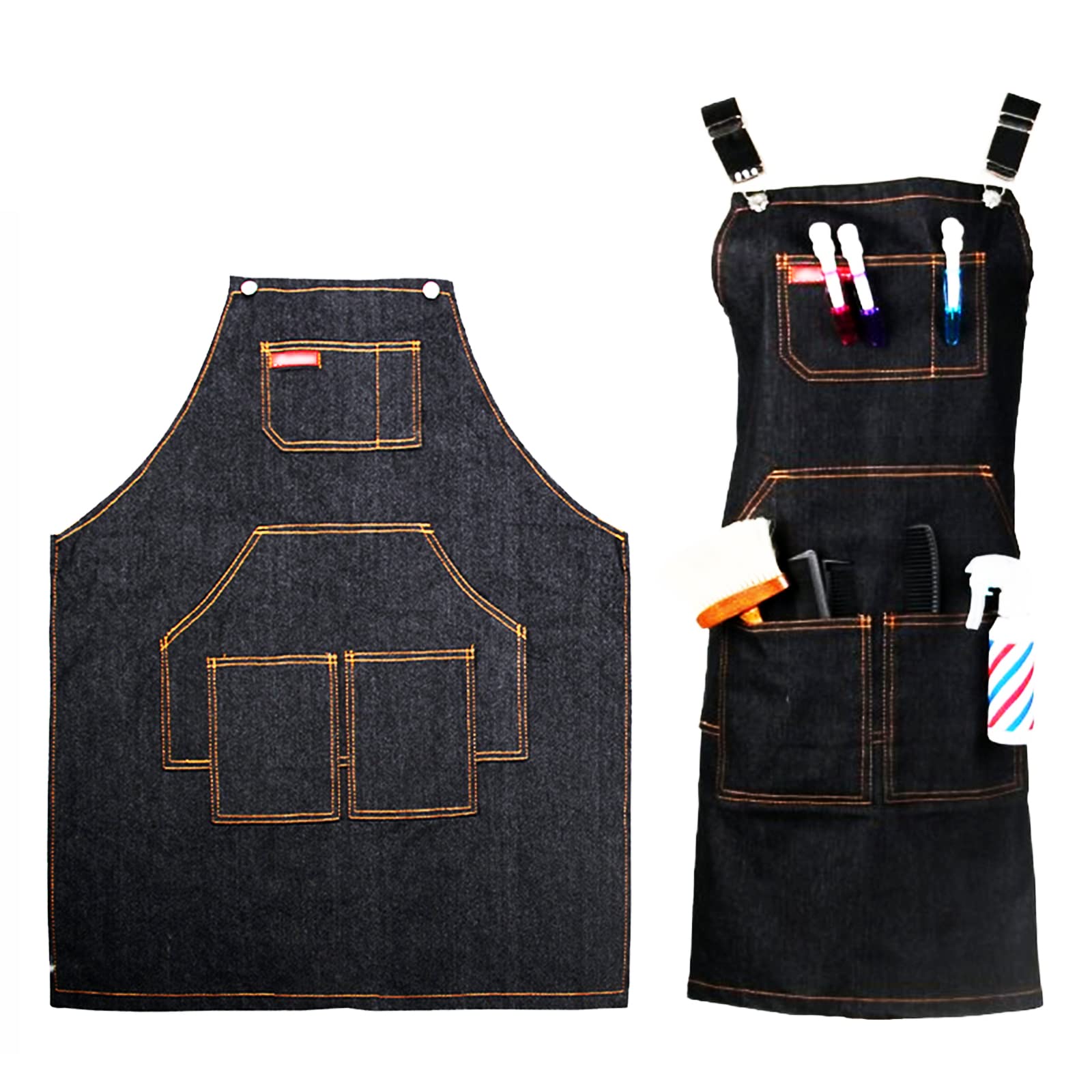 Delantal de Cocina para, Delantal de Trabajo Resistente de Mezclilla con 5 Bolsillos, Ajustable para Cocinar, Asador, Hostelería y Hogar