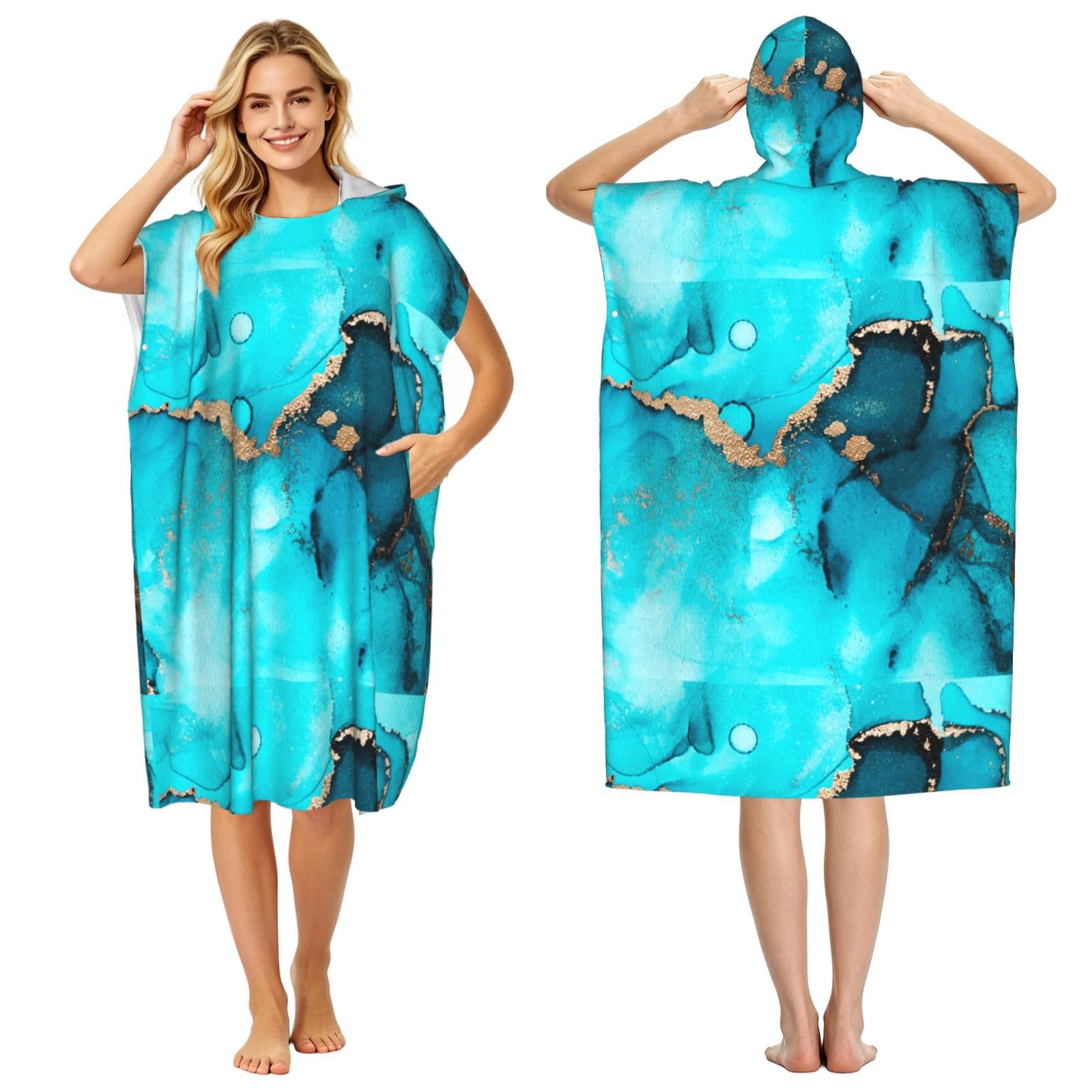 Poadnly Trendy Abstract Teal Gold Swirls, Adult Hooded Beach Towel 90 x 110 cm,Changing Bath Robe, Surf Poncho Towel For Women Men