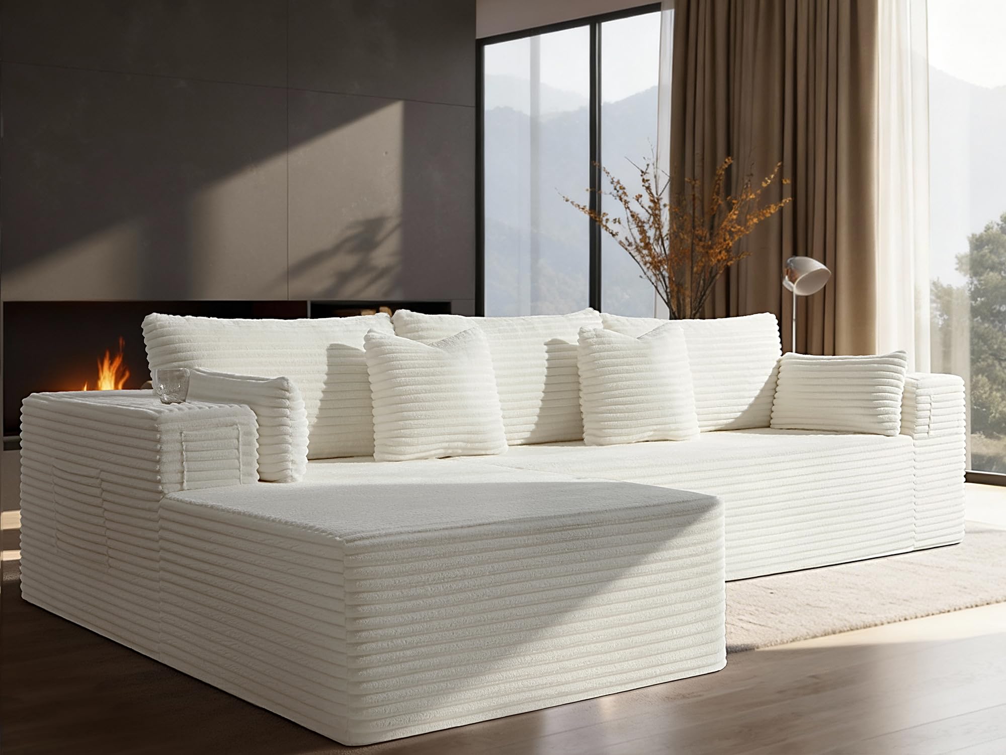 108" Cloud Sectional Couch, Comfort L Shaped Boneless Couch for Living Room, Extra Deep Seats No Assembly, Minimalist Modular Sofa, Corduroy (Cream, 2 Seater+Left Facing Chaise)