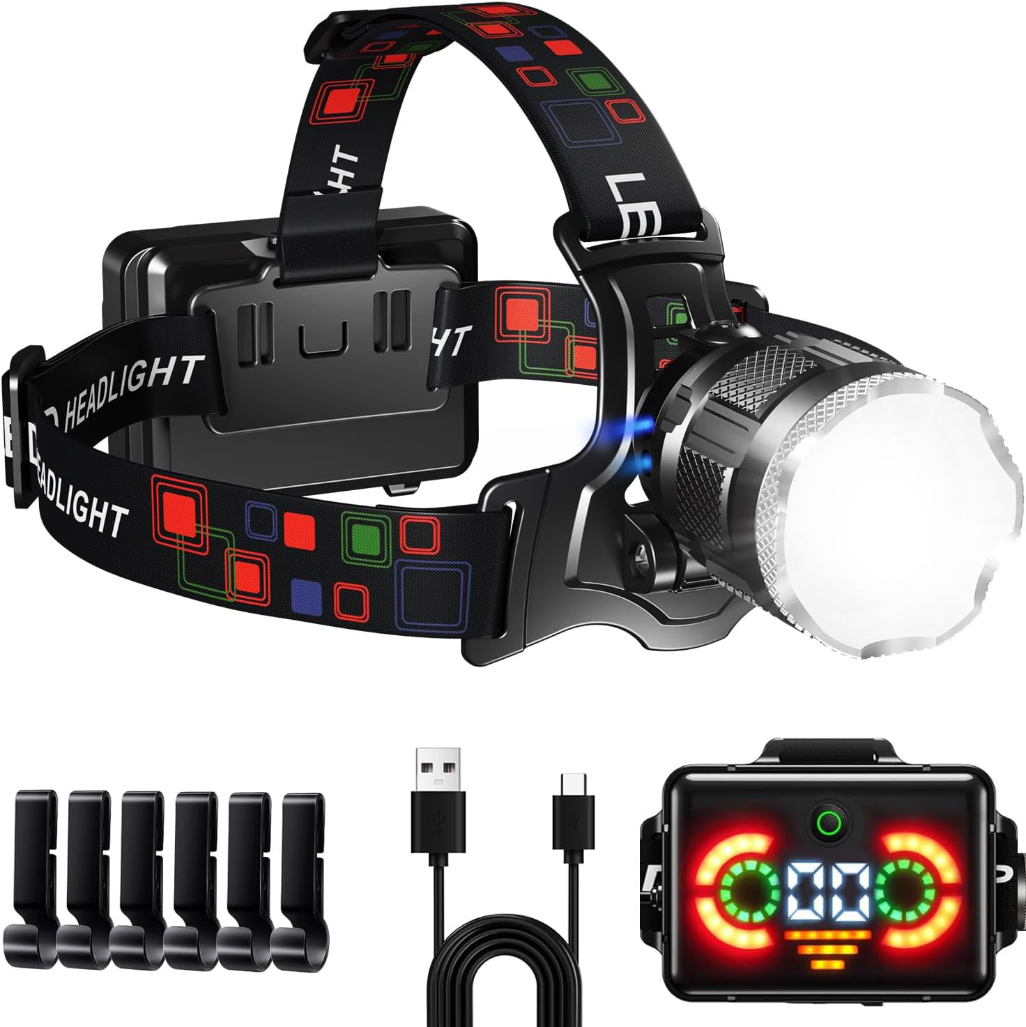 Linterna Frontal LED Recargable USB C, Linterna Cabeza LED Alta Potencia 5 Modos con Sensor, Luz de Advertencia, Batería 9000mAh, Luz Frontal Cabeza Potente Impermeable IP65 para Camping