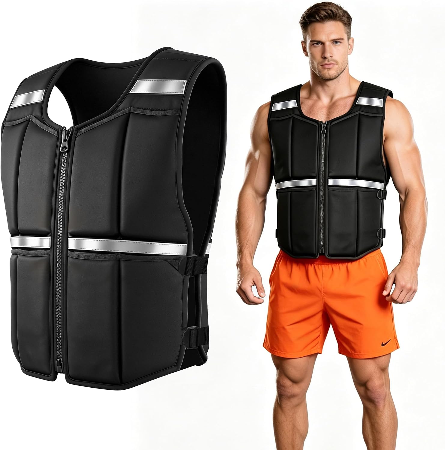 Adjustable Weighted Vest Men, 20/30/40lb Rucking Vest for Walking Running | 16 Silicone Weights, Machine Washable, Zippered, Slim Fit, Removable Reflective Strips, Strength Training Vest Hiking Workout