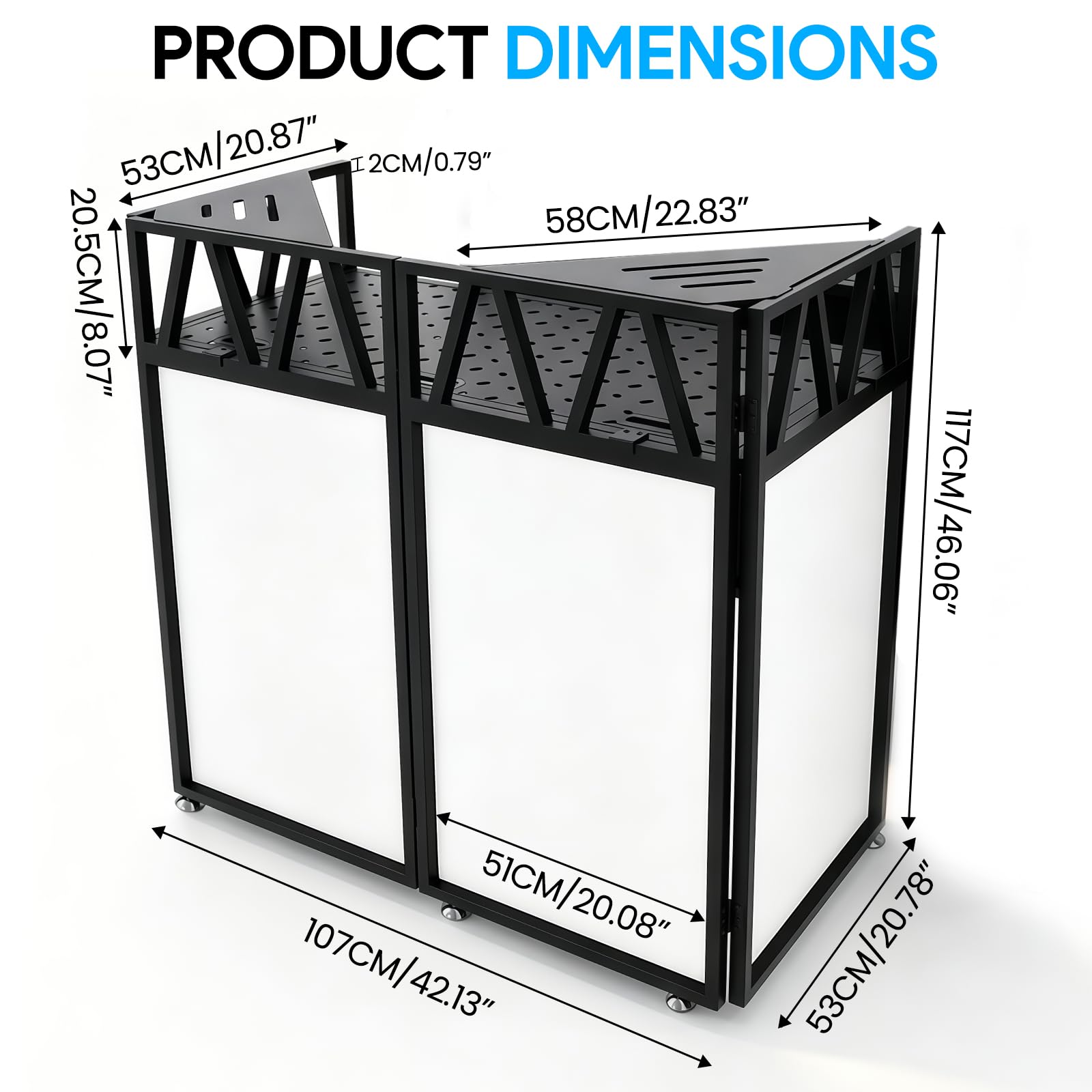 Cabina per DJ con ruote, 107 x 53 x 117 cm, con scrim | Bianco e Nero Scrim, Portatile Pieghevole DJ Tavolo Stand con Borsa per il Trasporto, per Feste, Eventi, Matrimonio