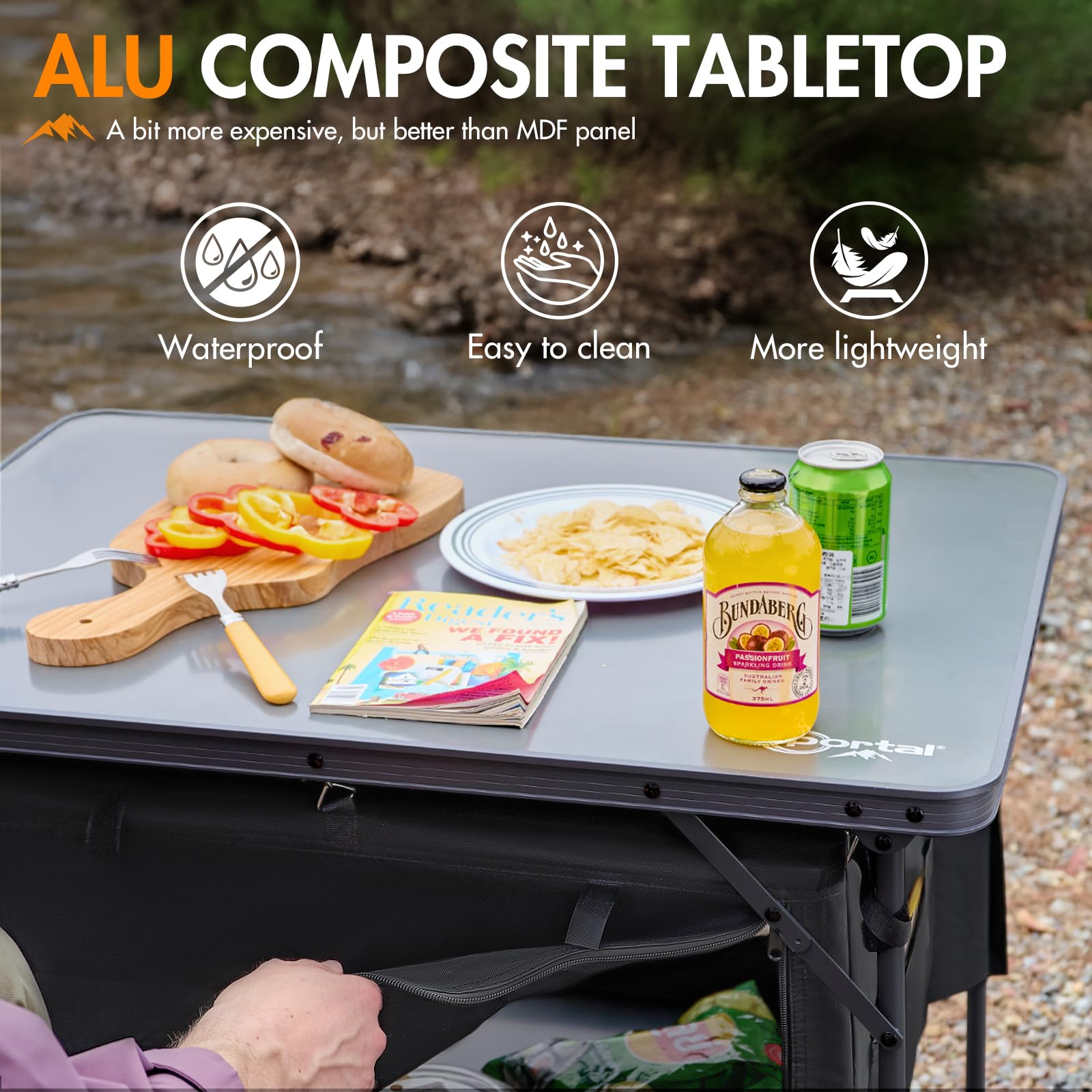Portal Mesa de camping con almacenamiento