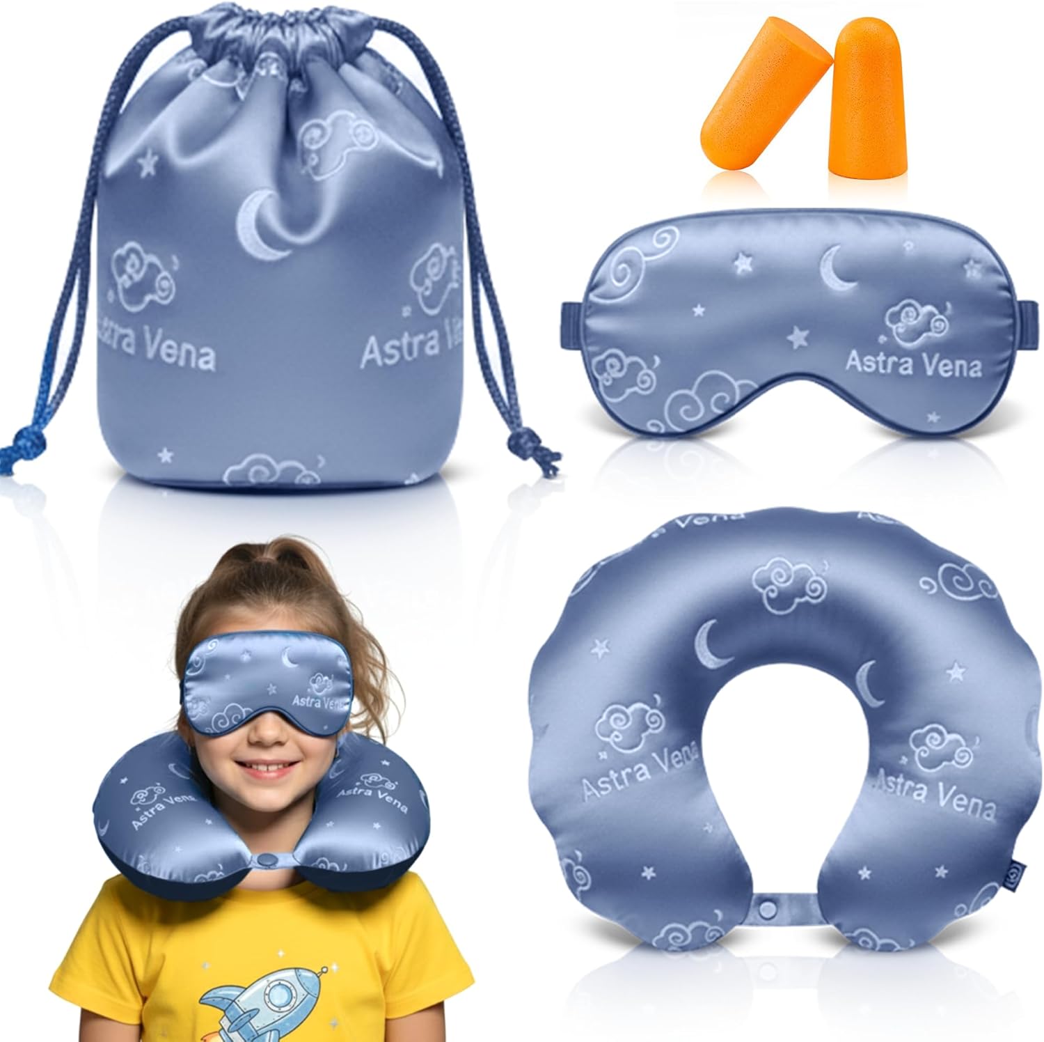Child Travel Sleep Mask and Pillow Set - 2 in 1 Cute Character Design for Kids Rest, Naps and Relaxation. Soft Comfort with Bag Cover, Perfect for Flights, Car Trips 33cm (Blue)