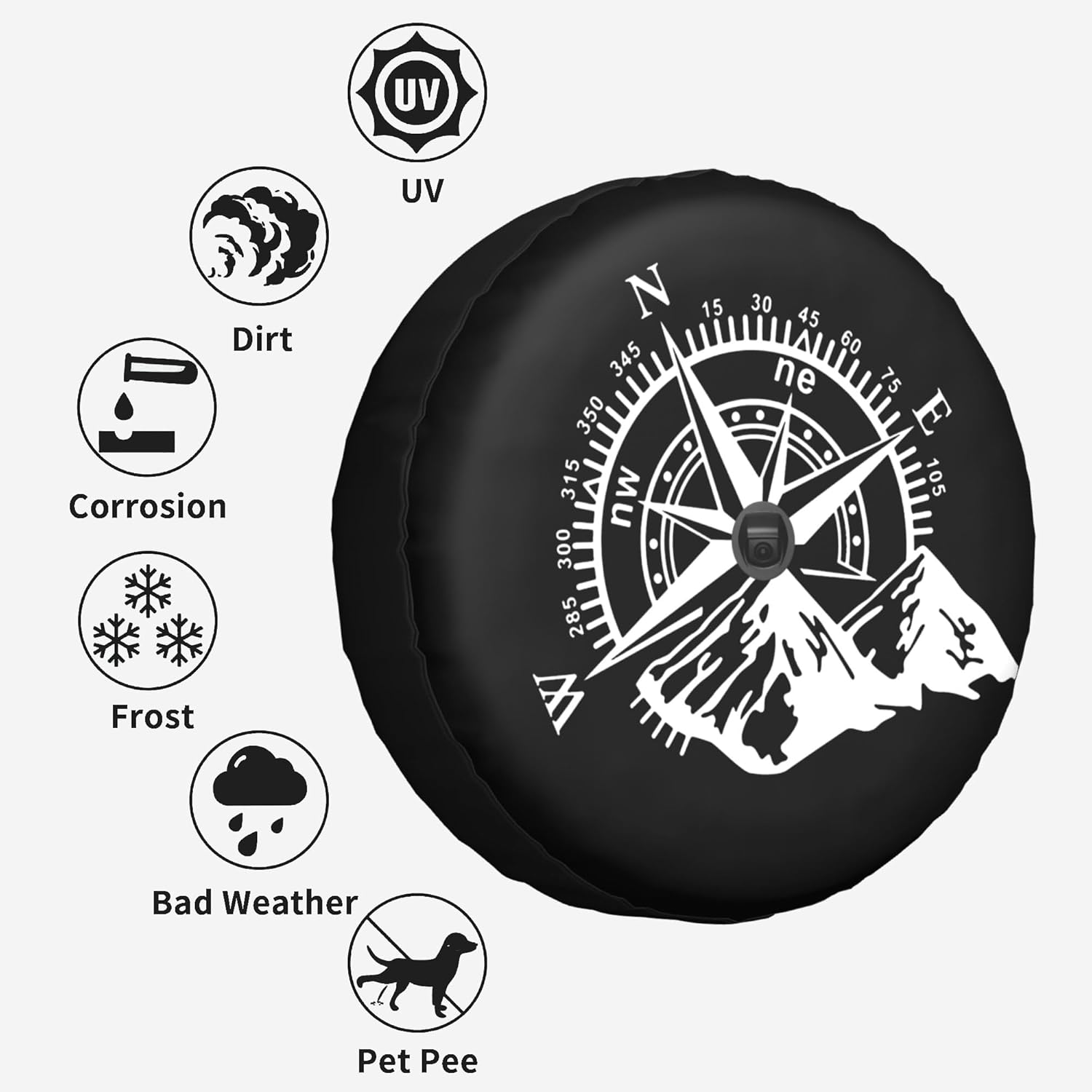 Compass Rose Mountains Spare Tire Cover with Back-up Camera Hole Leather Wheel Cover Tire Protector for Wrangler JL