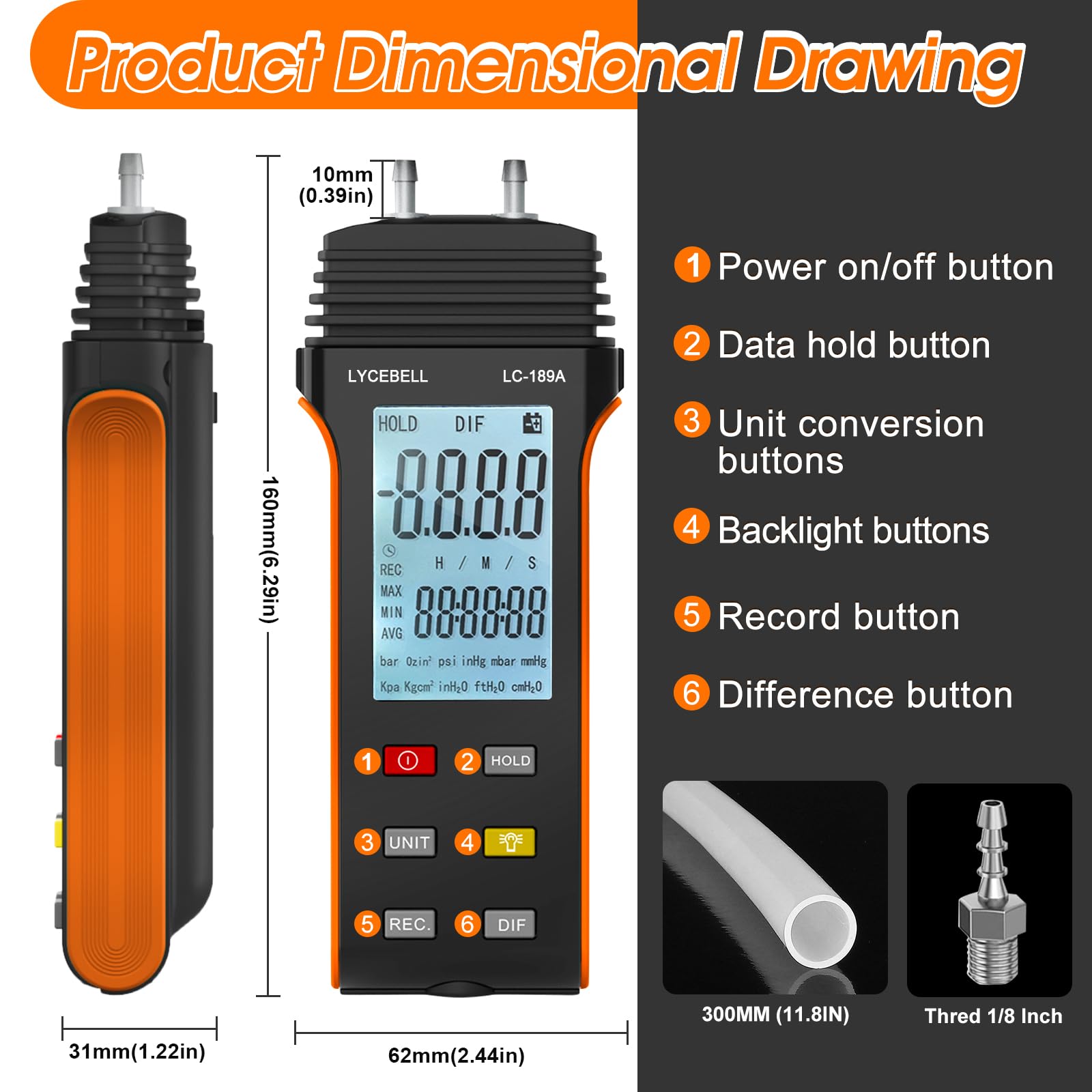 LC-189A Manometer, Digitales Luftdruckmessgerät, Differenzdruckmessgerät, HVAC-Gasdruckmessgerät, Geeignet für die Luftdruckmessung (Schwarz + Orange)