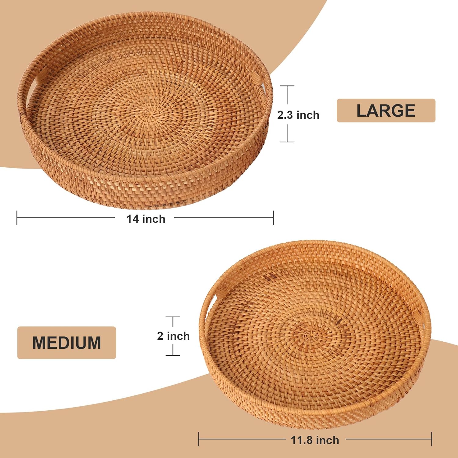 Round Rattan Serving Tray with Handles, Natural Wicker Decorative Tray for Serving, Fruit/Bread Serving Basket, Round Woven Tray，14 inch+11.8inch, Gift Idea Choice (M+L)