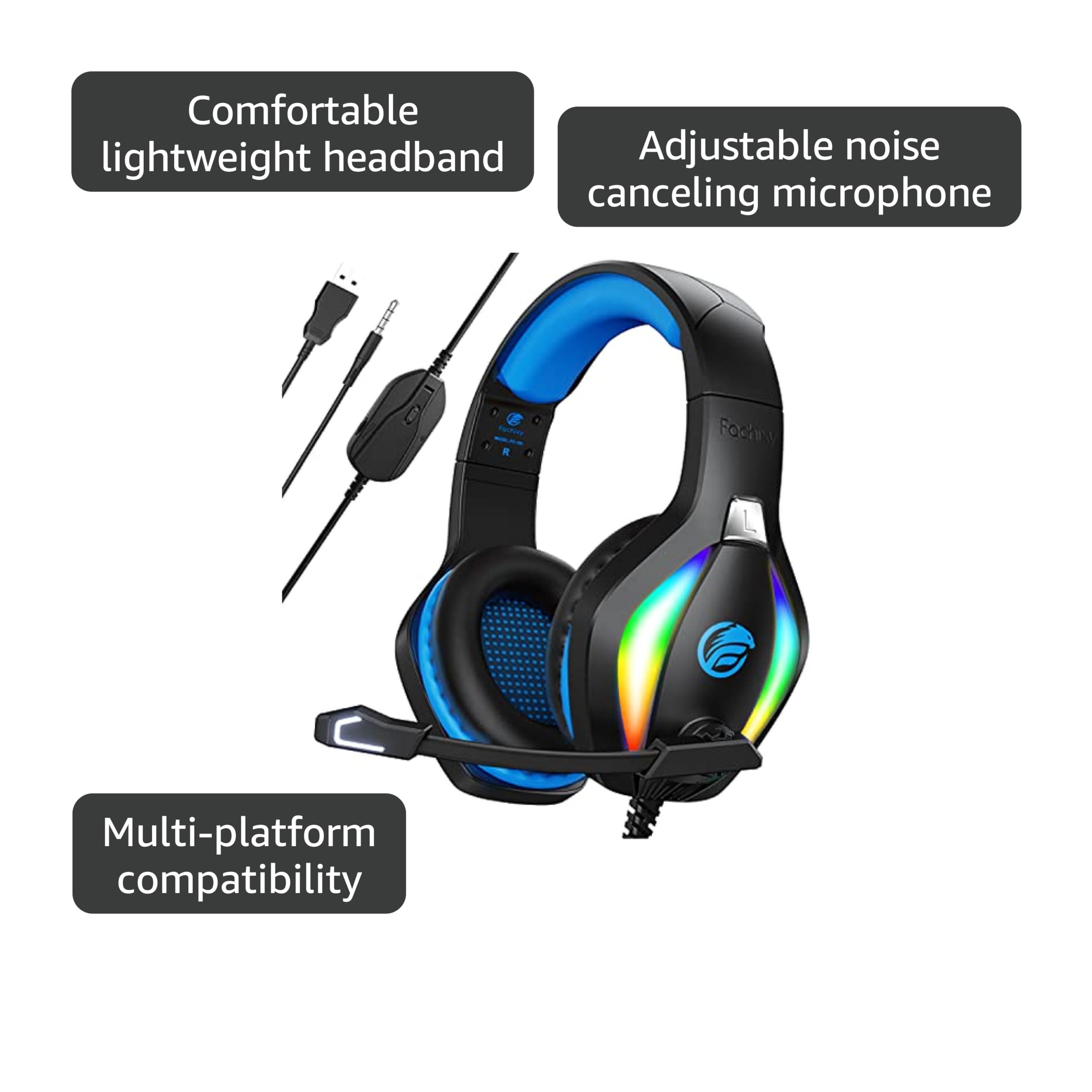 Fachixy FC100 Gaming Headset with Microphone for PS4, PS5, Switch, Xbox, PC, Mac, Gamer Headset with RGB Light, Computer Headphones with Mic