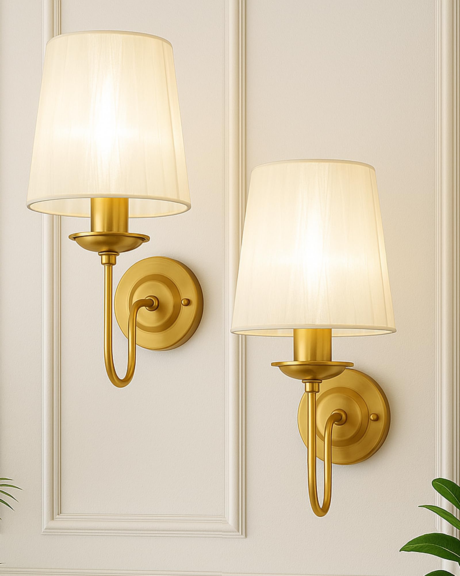 Homesakeยฎ Antique Brass Wall Sconces Lighting Fixture, E27 Industrial Vintage Gold Wall Light Lamp Bathroom Decor for Bedroom Living Room, Sheen Fabric Shade, Brass (Gold, Set of 2)