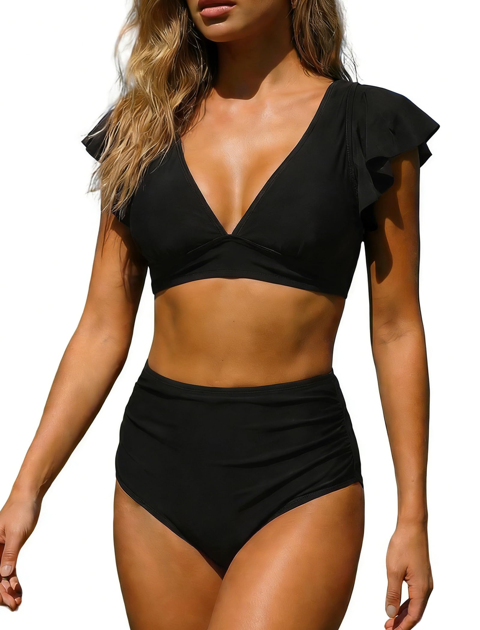 OUSIMEN Damski zestaw bikini, dekolt w serek, falbanki, wysoka talia, dwuczęściowy kostium kąpielowy, wyszczuplający brzuch