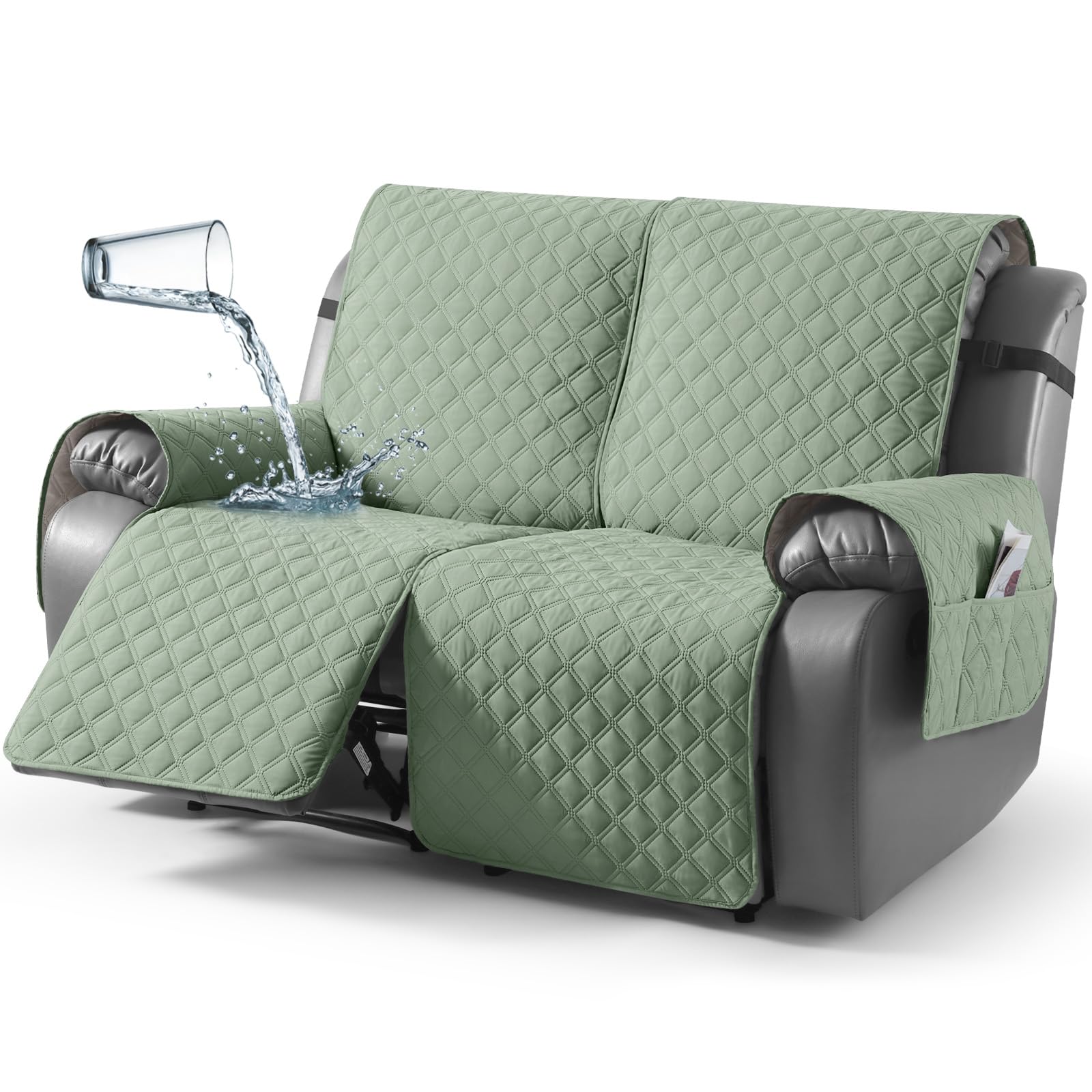TAOCOCO 100% Waterproof Recliner Couch Covers, Recliner Sofa Covers with Leg Straps, 1-Piece Washable Reclining Sofa Cover with Pocket Couch Protector for Pets Kids(2 Seater, Sage Green)