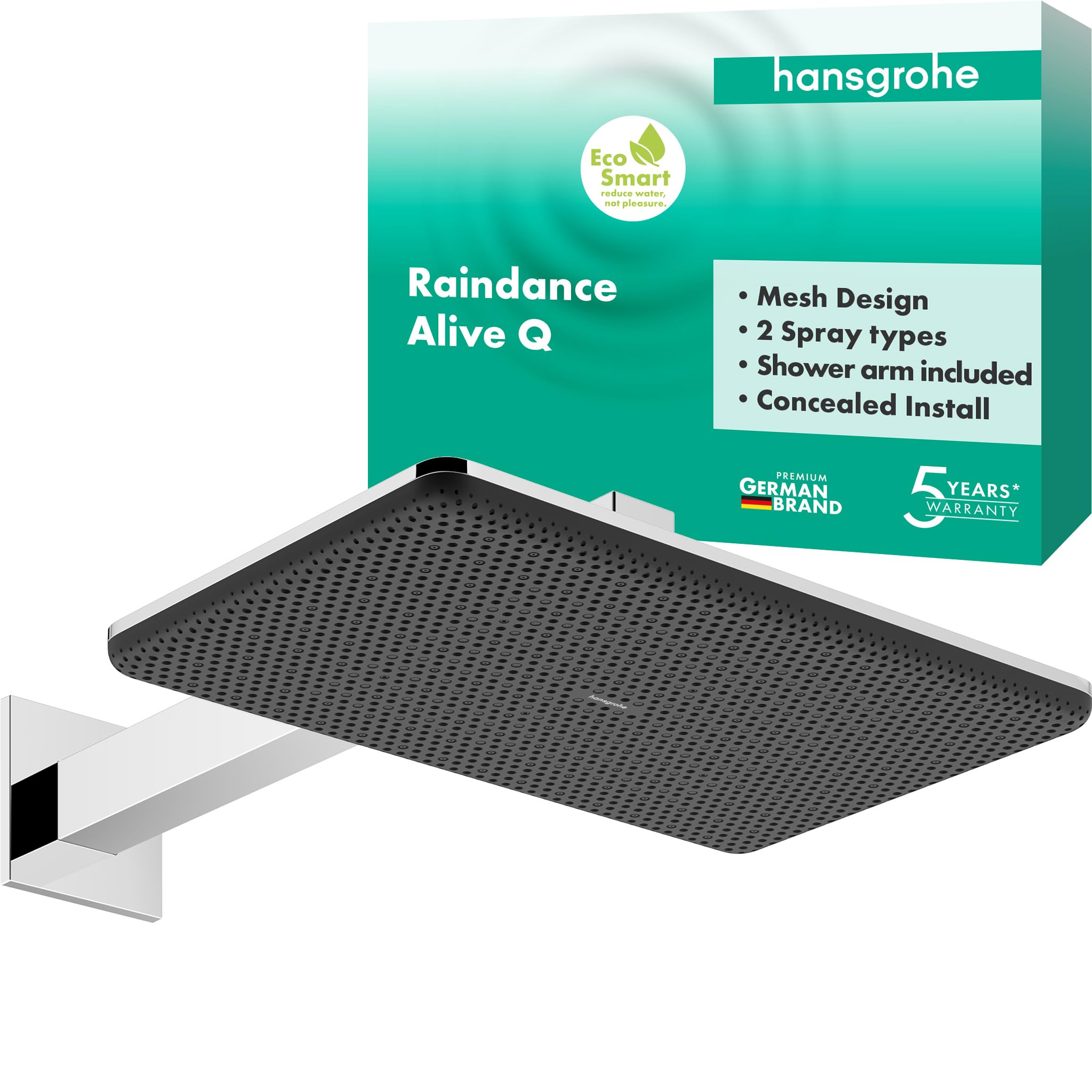 hansgrohe Raindance Alive Q - rociador de ducha ahorro de agua (EcoSmart) con brazo de ducha, ducha fija, cabezal de ducha lluvia con 2 tipos de chorro para conexión pared, cromo, 24551000