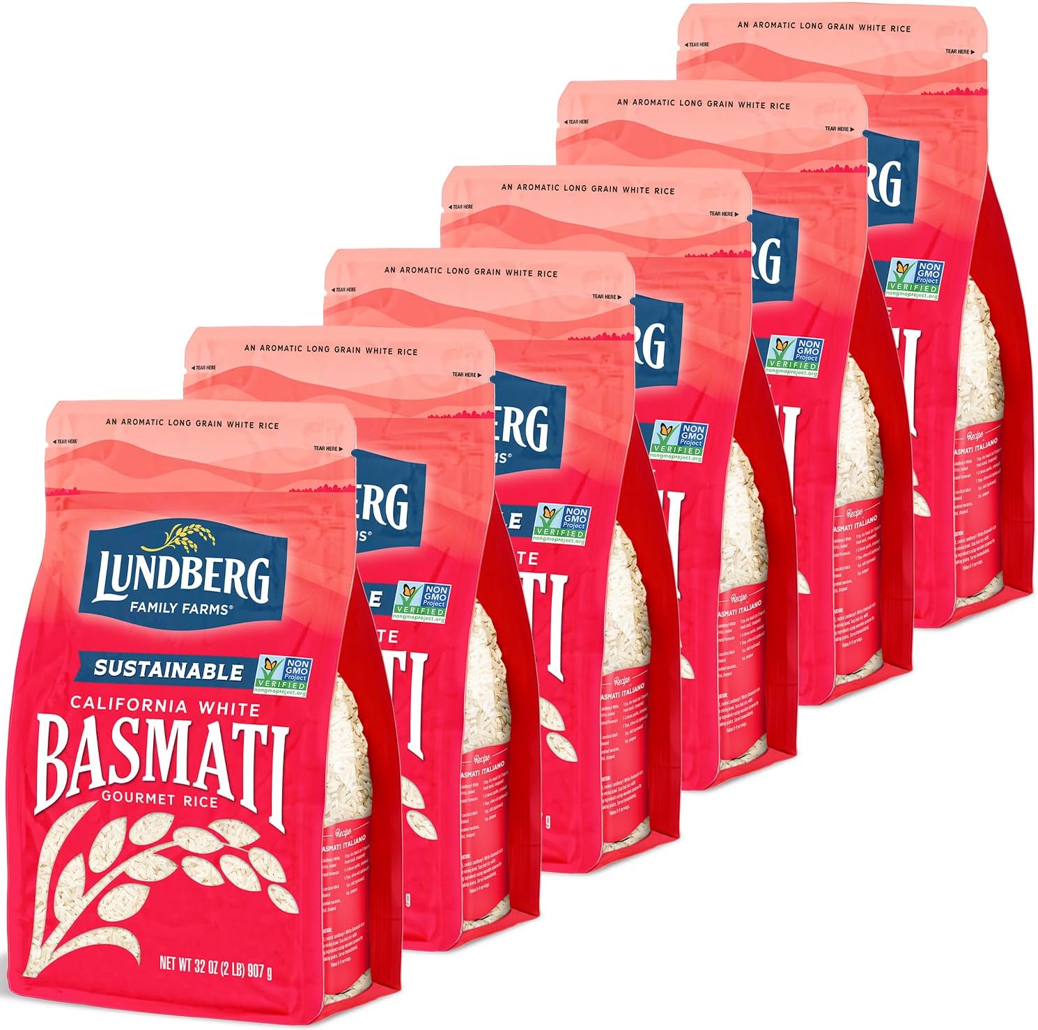 Lundberg Basmati Rice, Long Grain White Rice - Non-Sticky, Fluffy, Nutty, Aromatic Rice, Vegan Food, Healthy Meals, Gluten-Free Rice Grown in California, 32 Oz (Pack of 6)