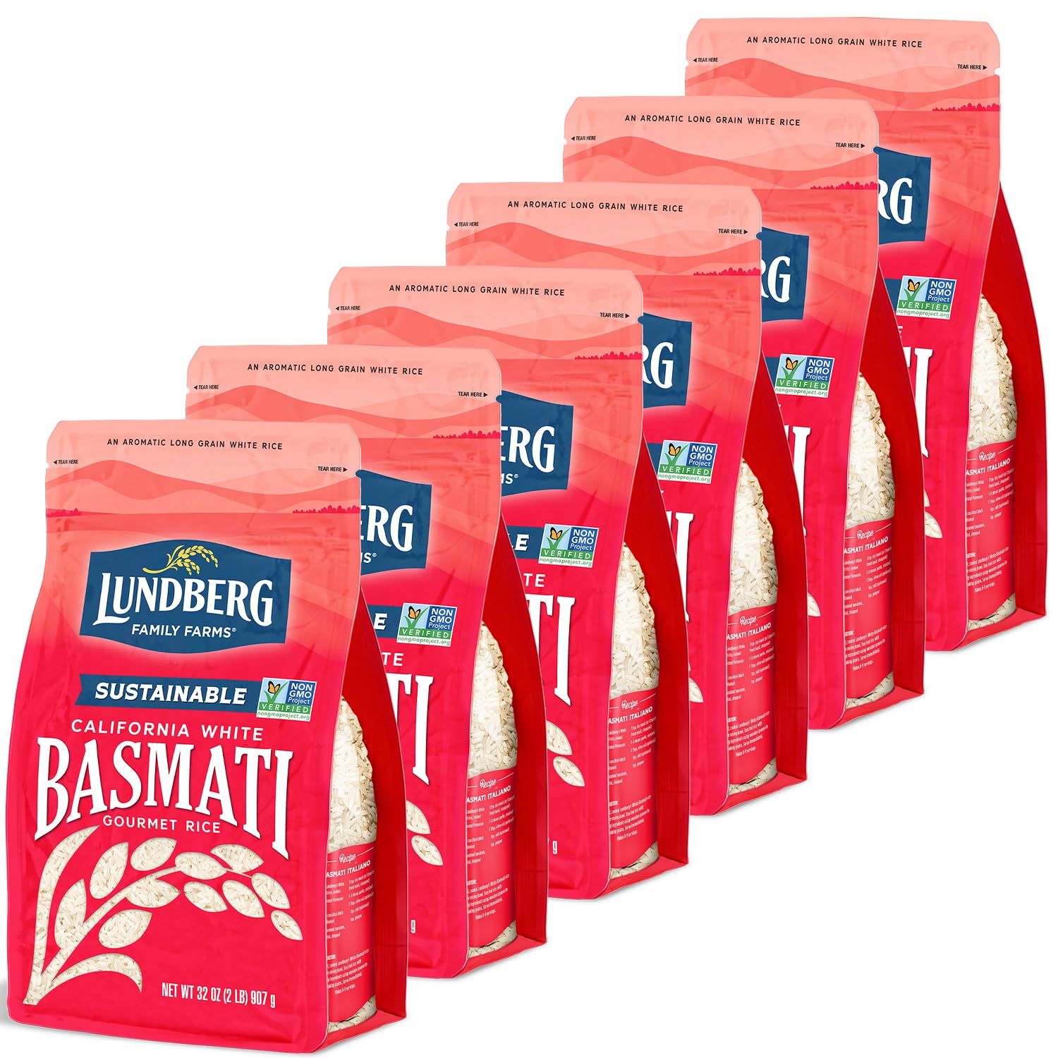 LundbergBasmati Rice, Long Grain White Rice - Non-Sticky, Fluffy, Nutty, Aromatic Rice, Vegan Food, Healthy Meals, Gluten-Free Rice Grown in California, 32 Oz (Pack of 6)
