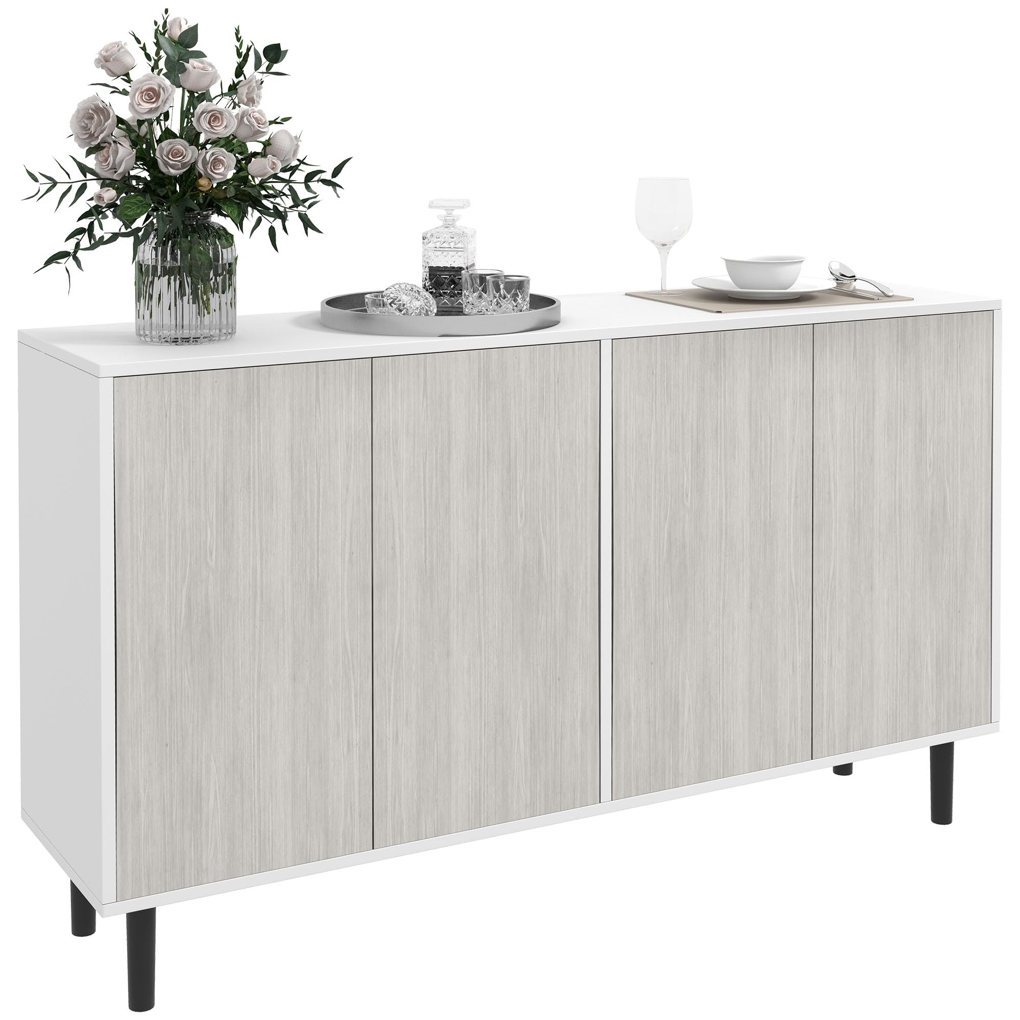 Homcom White Sideboard Storage Cabinet With Adjustable Shelves - Four Compartments, Push-Open Doors, Anti-Tip, 75X121x37 Cm, 50 Kg, 83A-061V80gy