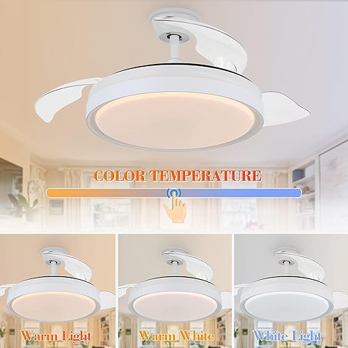 Miniatura 2 de Ventilador de techo, retráctil, moderno, 42 pulgadas, luz LED regulable CCT, control remoto, silencioso, cuchillas invisibles, modo sueño, blanco,