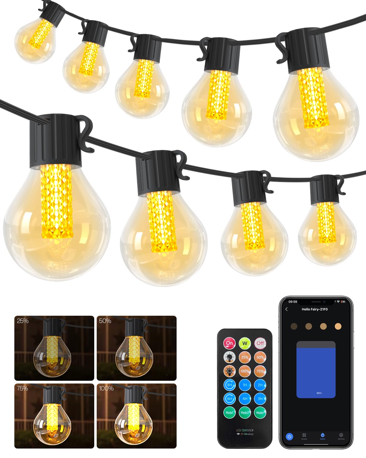 15M Smart Outdoor String Lights, App Remote Control Dimmable Garden Festoon Lights