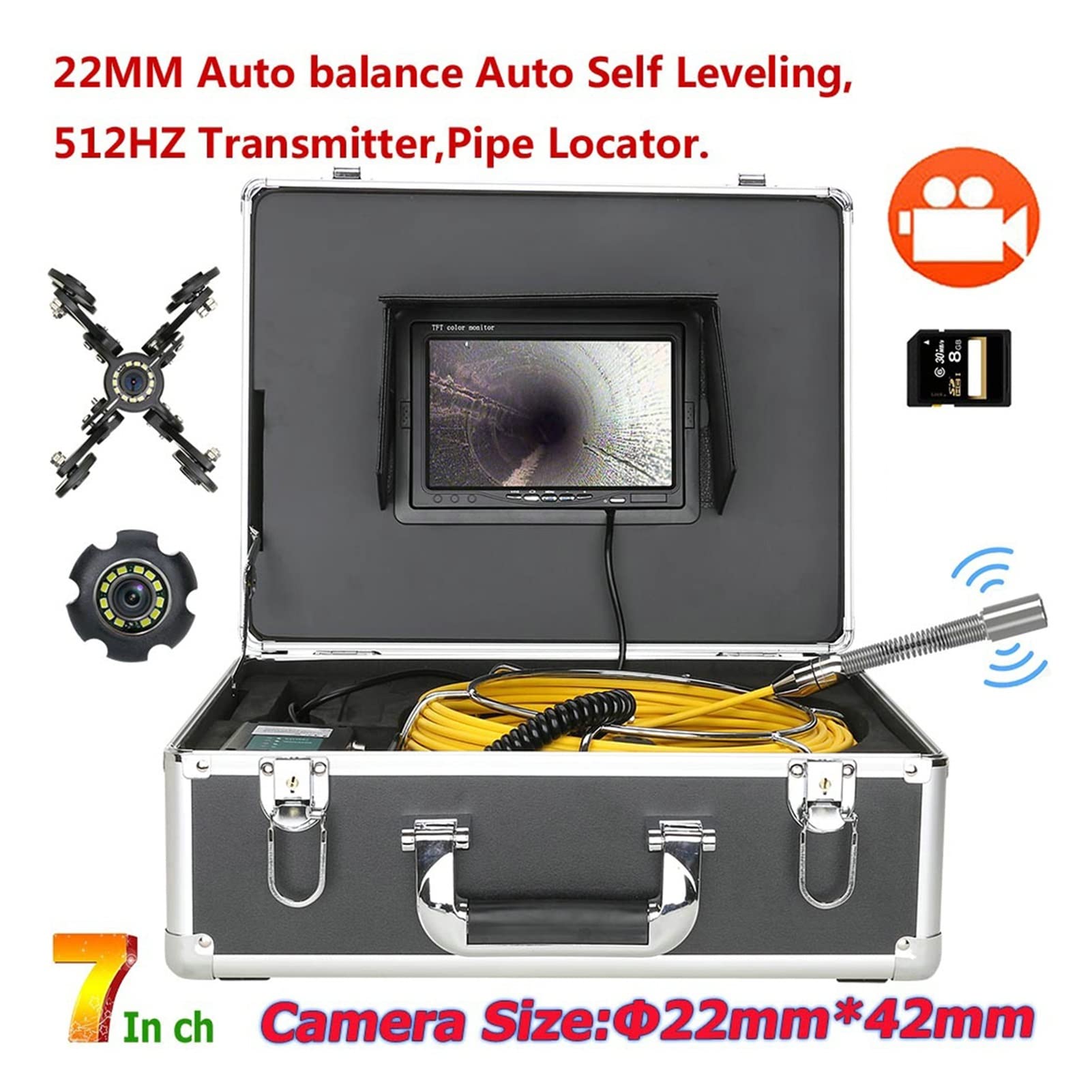 Endoskop, 7 "Monitor. DVR 30m. Abwasserleitung Inspektion Videokamera mit automatischer Selbstniveau 51 2hz Sender Pipe Locator 22mm(50m)