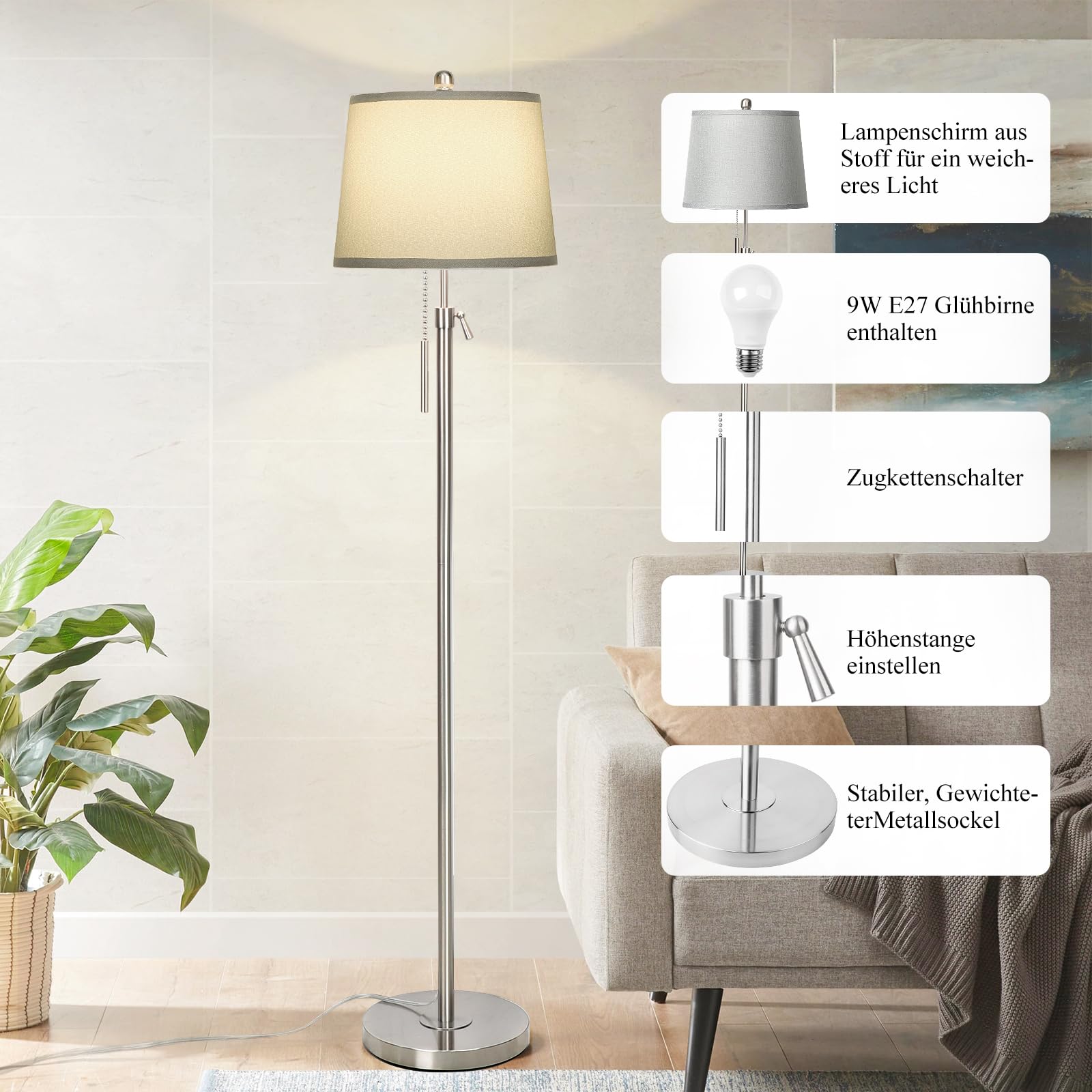 Qingmiao Stehlampe Wohnzimmer - Silber Modern Stehleuchte Standleuchte | 140-165cm höhenverstellbare Leselampe mit Leinen-Lampenschirm, 3 Farbtemperatur, E27 Fassung, 9W Glühbirne inklusive