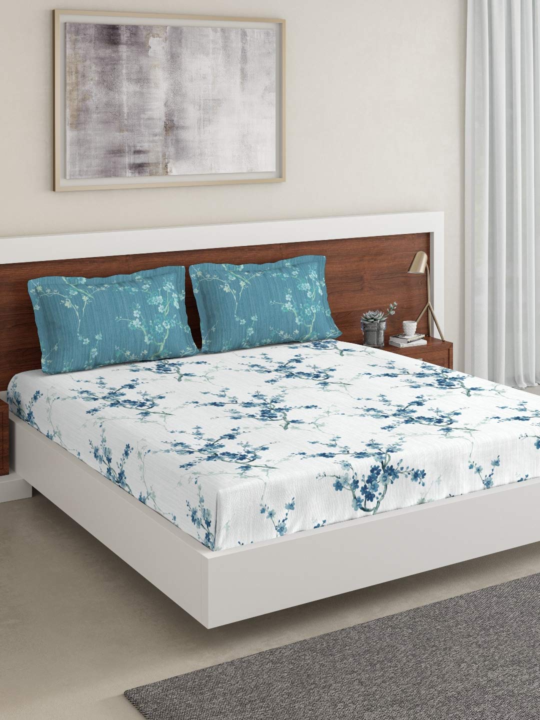 Ddecor Cotton Double Bed Sheet Set with 2 Pillow Covers (229 CM X 274 CM, Turquoise) Digital Print Floral, 144TC GSM