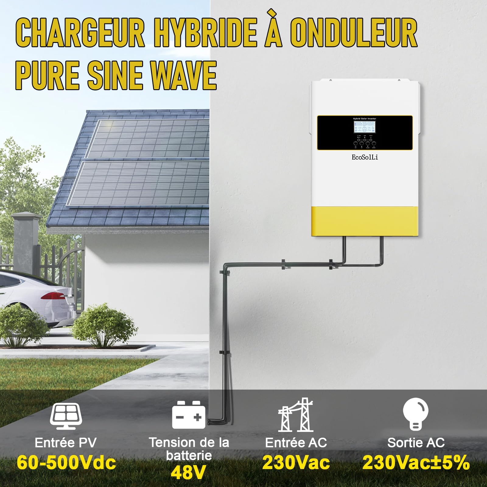 Onduleur Hybride 6200W 48V - Pur Sinus MPPT Hybride 120A 230V, Fonctionne sans Batterie, Fonction parallèle, Chargeur Solaire Off-Grid avec Régulateur de Charge 60-500V DC, Compatible Module WiFi