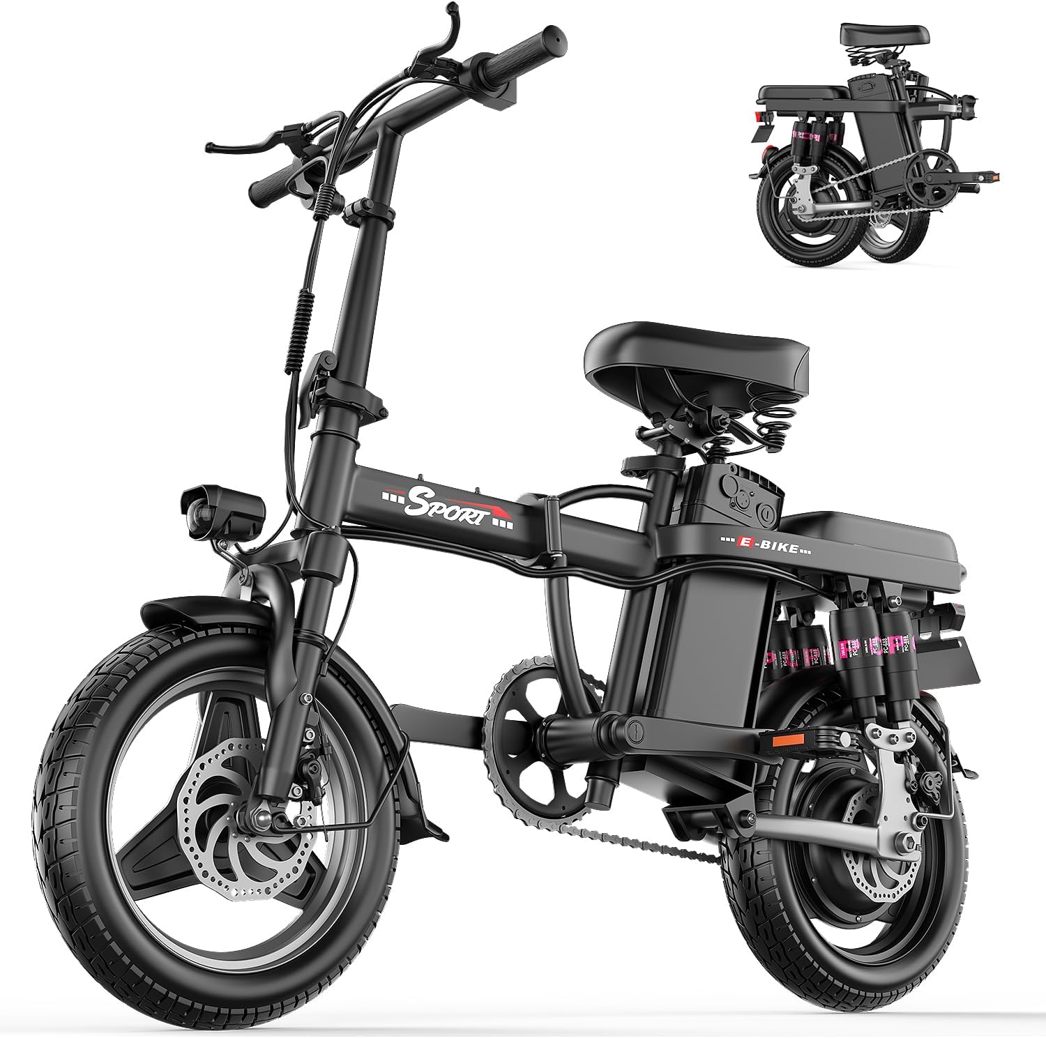 500W Electrical Bike for Adults, 48V 10/13/15AH Detachable Battery, 20/25MPH & 25/30 Miles, 14″ Folding Commuter E Bike with 3 Modes, Shock Absorption