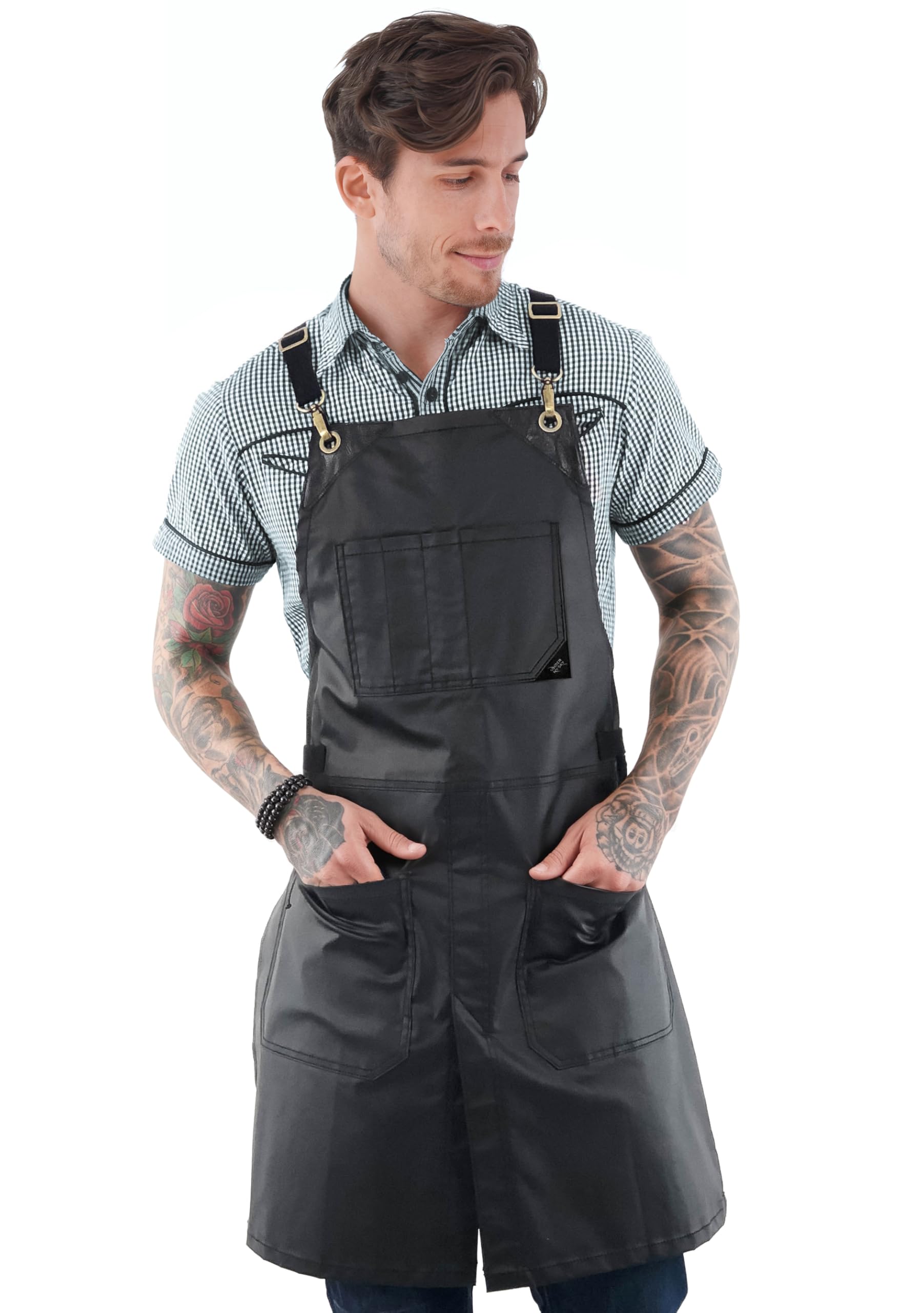 Under NY Sky Cross-Back Panther Black Apron – Coated Twill with Leather Reinforcement and Split-Leg – Adjustable for Men and Women – Pro Barber, Tattoo, Hair Stylist, Barista, Bartender, Server Aprons