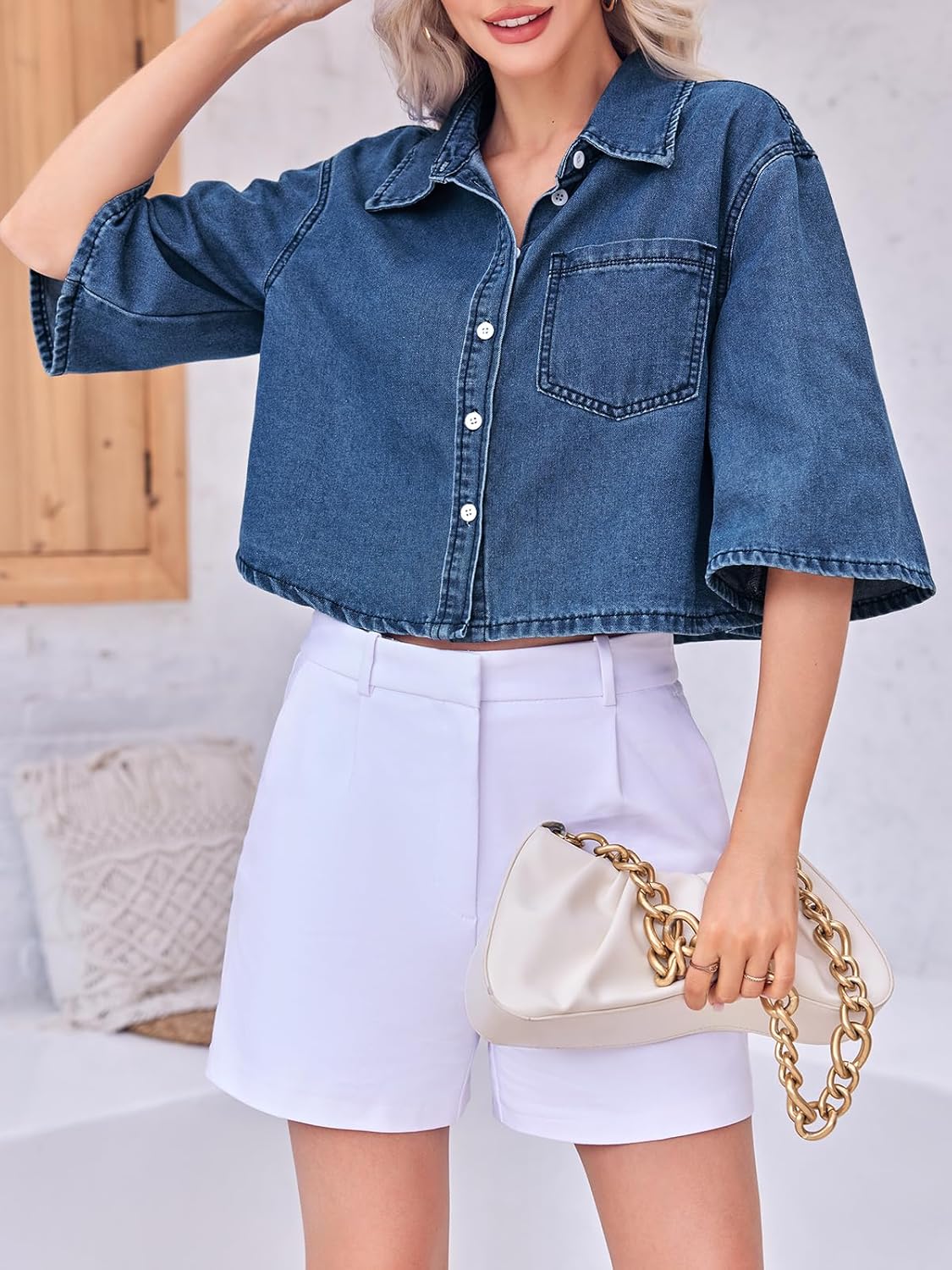 Tankaneo Womens Crop Denim Shirt Half Sleeve Button Down Short Jean Jacket with Pocket - Image 2