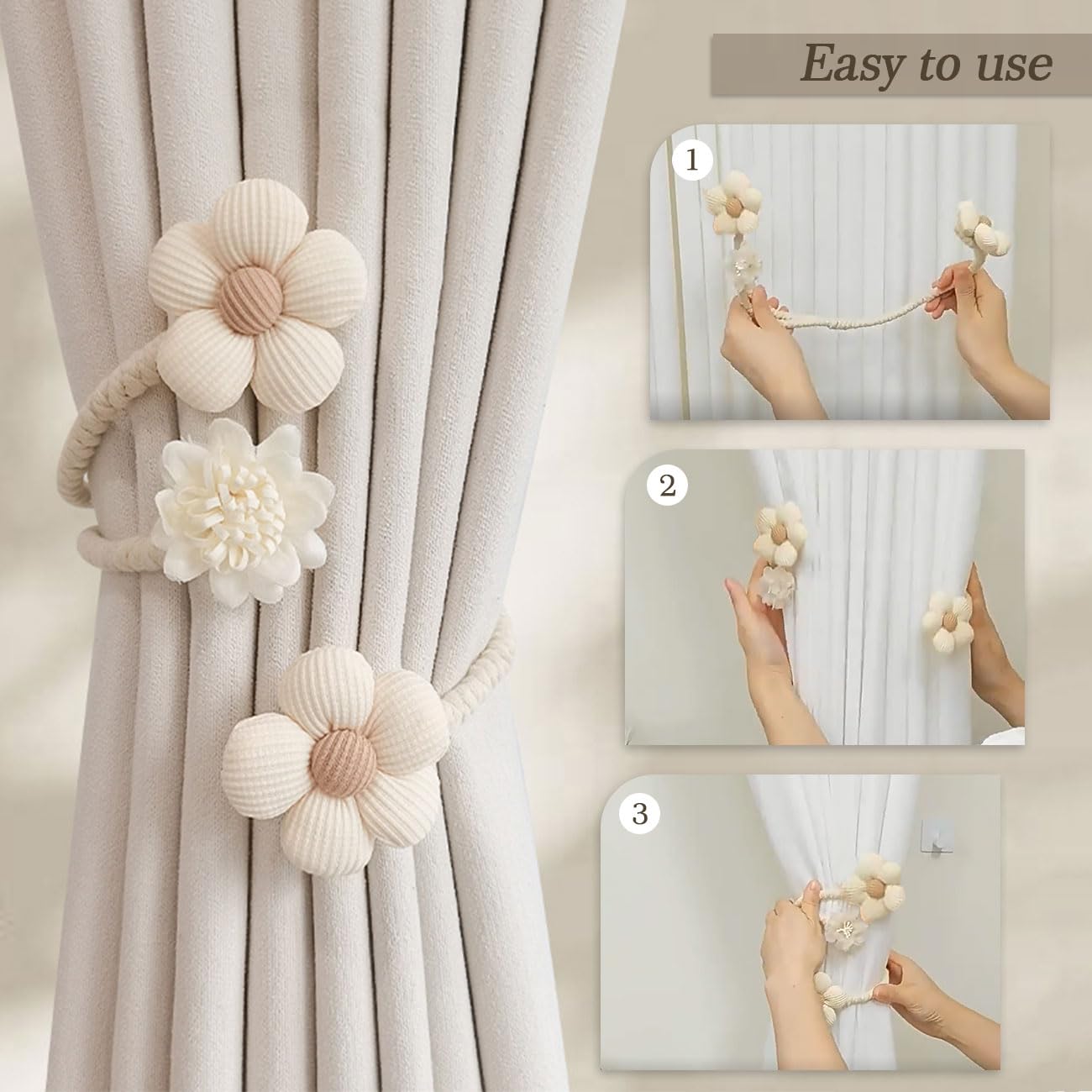 Ferma Tende Boho A Fiori Con Perline – 2 Pezzi Beige/Marrone – Cordoncini Regolabili Per Decorazione Casa E Ufficio - 4