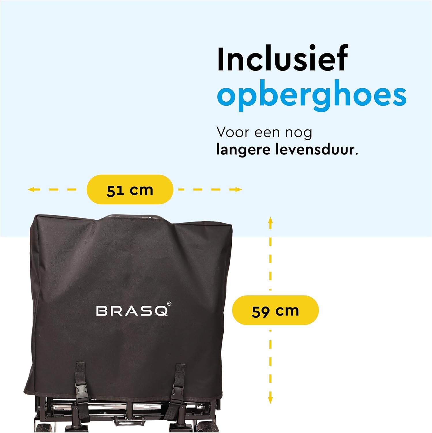 Image showing the BRASQ Folding Wagon in its compact, folded state, with dimensions of 51 cm width and 59 cm height, and its storage cover.