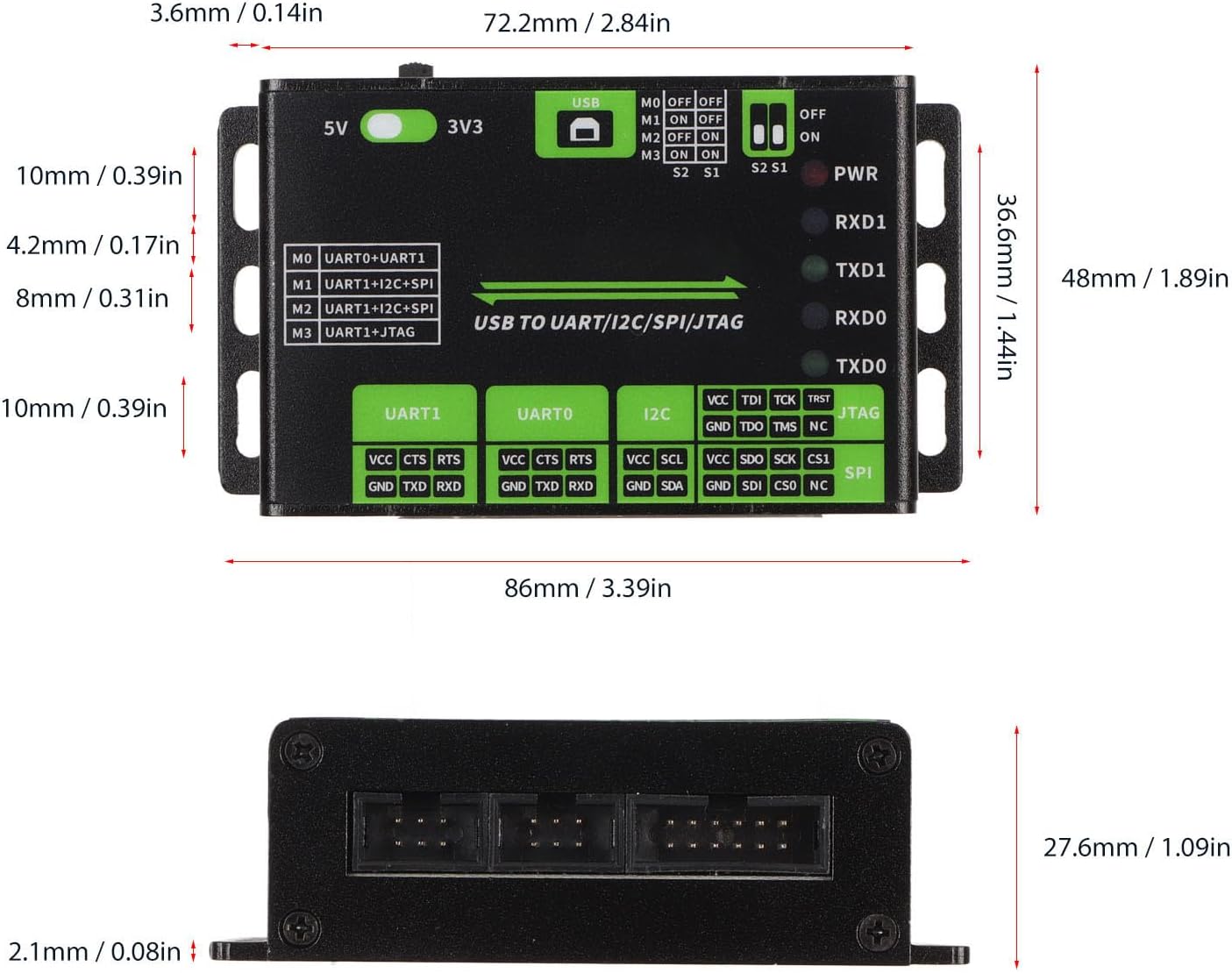 USB to UART I2C SPI JTAG Converter, 3.3V/5V, Aluminium Alloy Shell, Industrial USB Converter, Isolated I2C, SPI Interface, for Linux, ACOGEDORQW6I51XG8Z