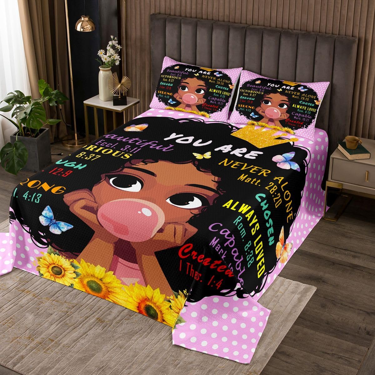 Castle Fairy Black Girls Quilt Sets Queen Size,Cartoon Africa American Bedspread 3Pcs for Kids Teens Youth Room Decor,Inspirational Quotes Bedding Sets Pink Polka Dots Coverlet,2 Pillowcases