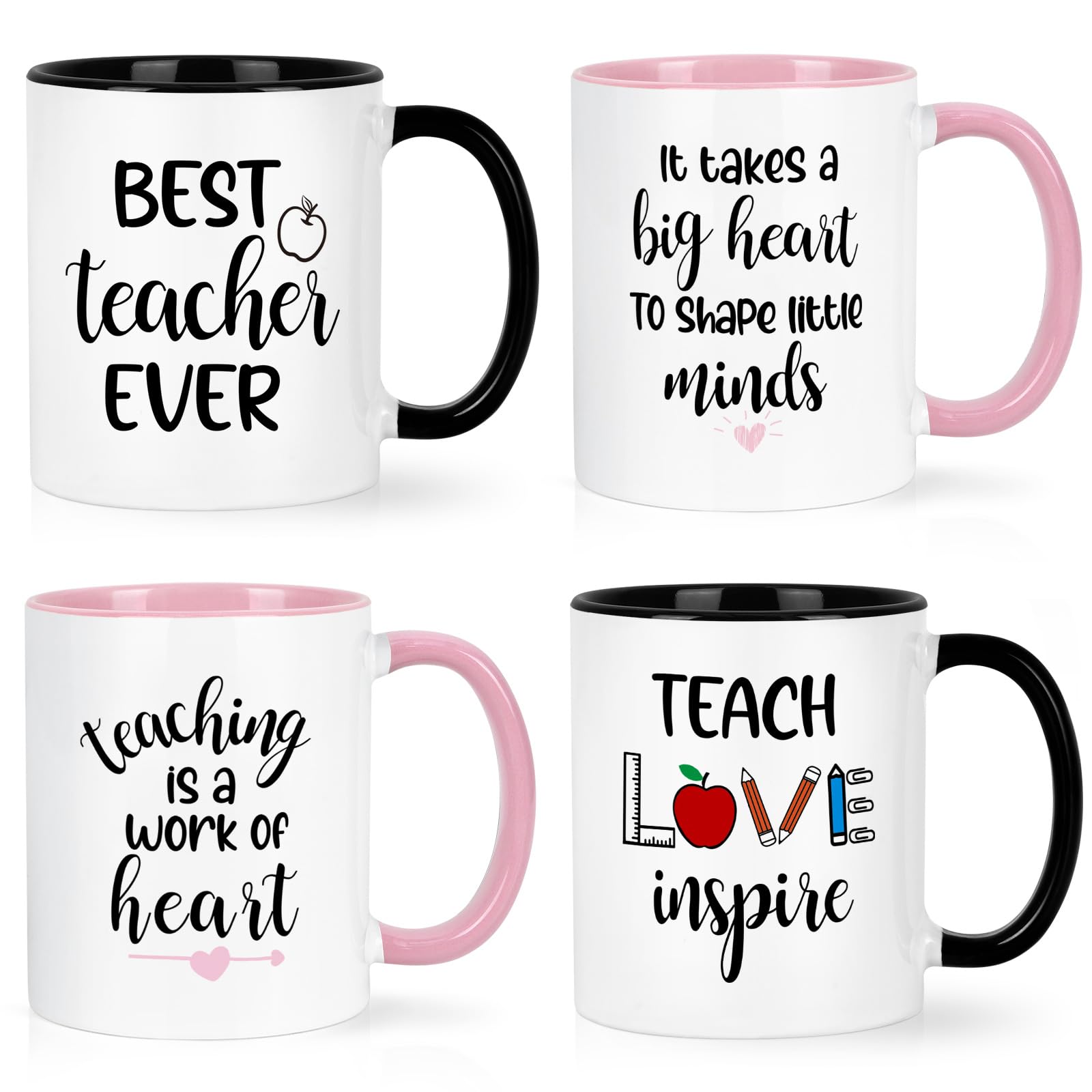 YHRJWN Teacher Appreciation Gifts - 4 Pcs Best Teacher Ever Set, Mug for Women Men, Thank You, 11 Oz