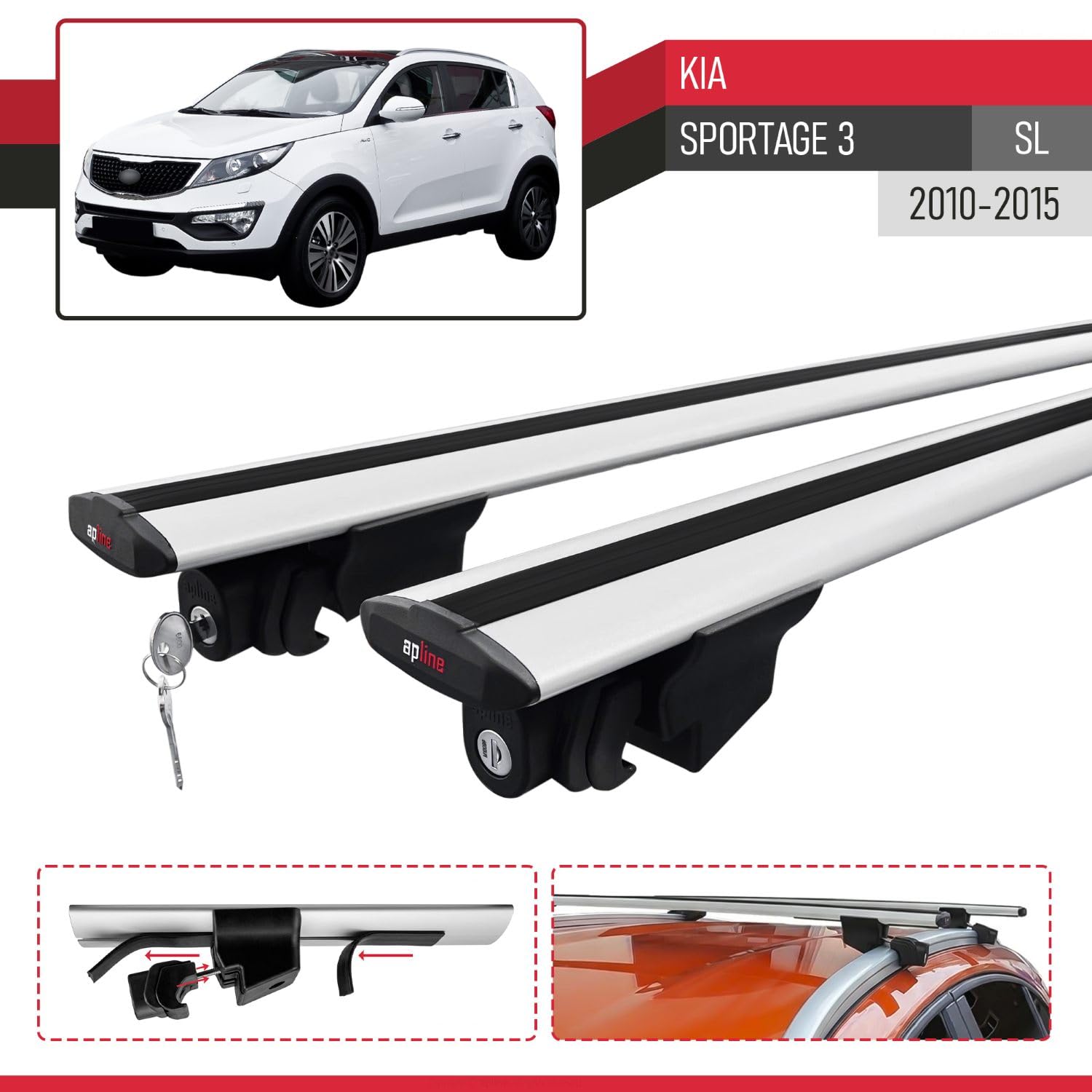 Compatible con Kia Sportage 3 (SL) 2010-2015 Hook Model Barras de Techo Auto Portaequipajes Barras Transversales Gris Aluminio 2 Barras