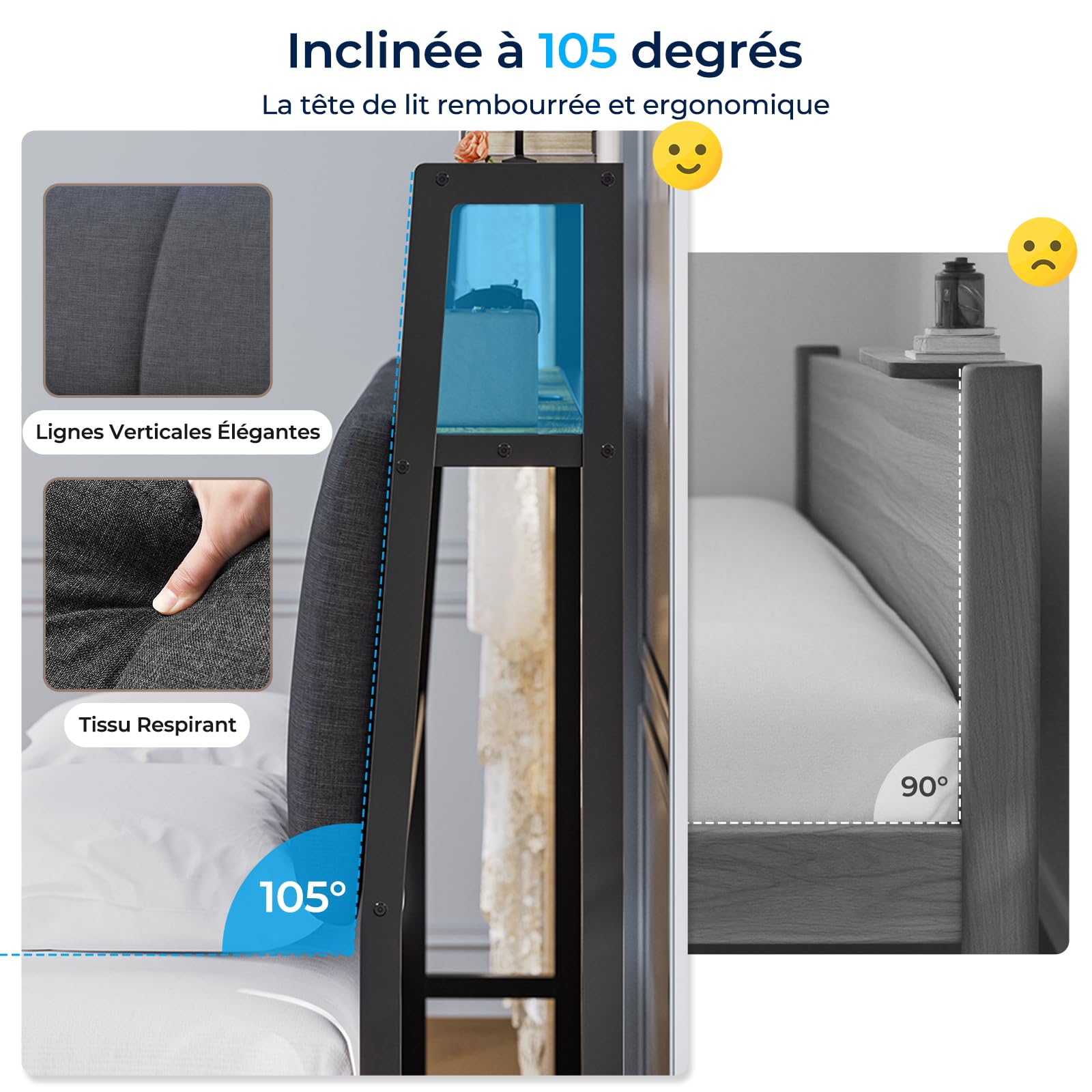 Brinlawb Cadre de Lit 140 x 190 avec Sommier en Métal, Lit 2 Personnes avec Lumières LED et Multiprise (2 Prises AC, 2 Ports USB-A) lit Double 140x190 cm avec 2 Tiroirs, Facile à Assembler, Gris