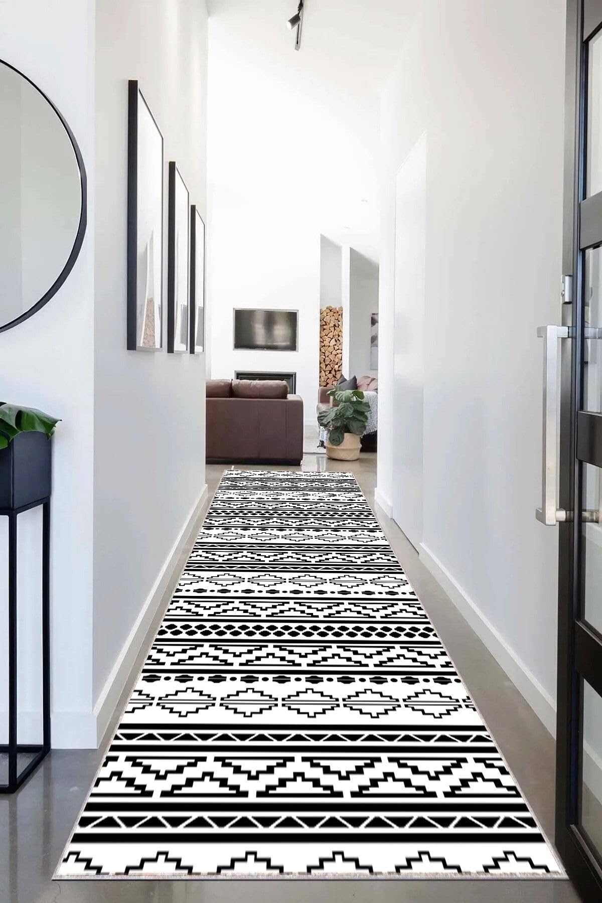 Pelangi Geometrik Çizgi Desenli Dijital Baskı Yıkanabilir Kaymaz Taban Etnik Kilim Desen Salon Halı, Siyah-Beyaz-Gri 80 x 250, 9554146802507