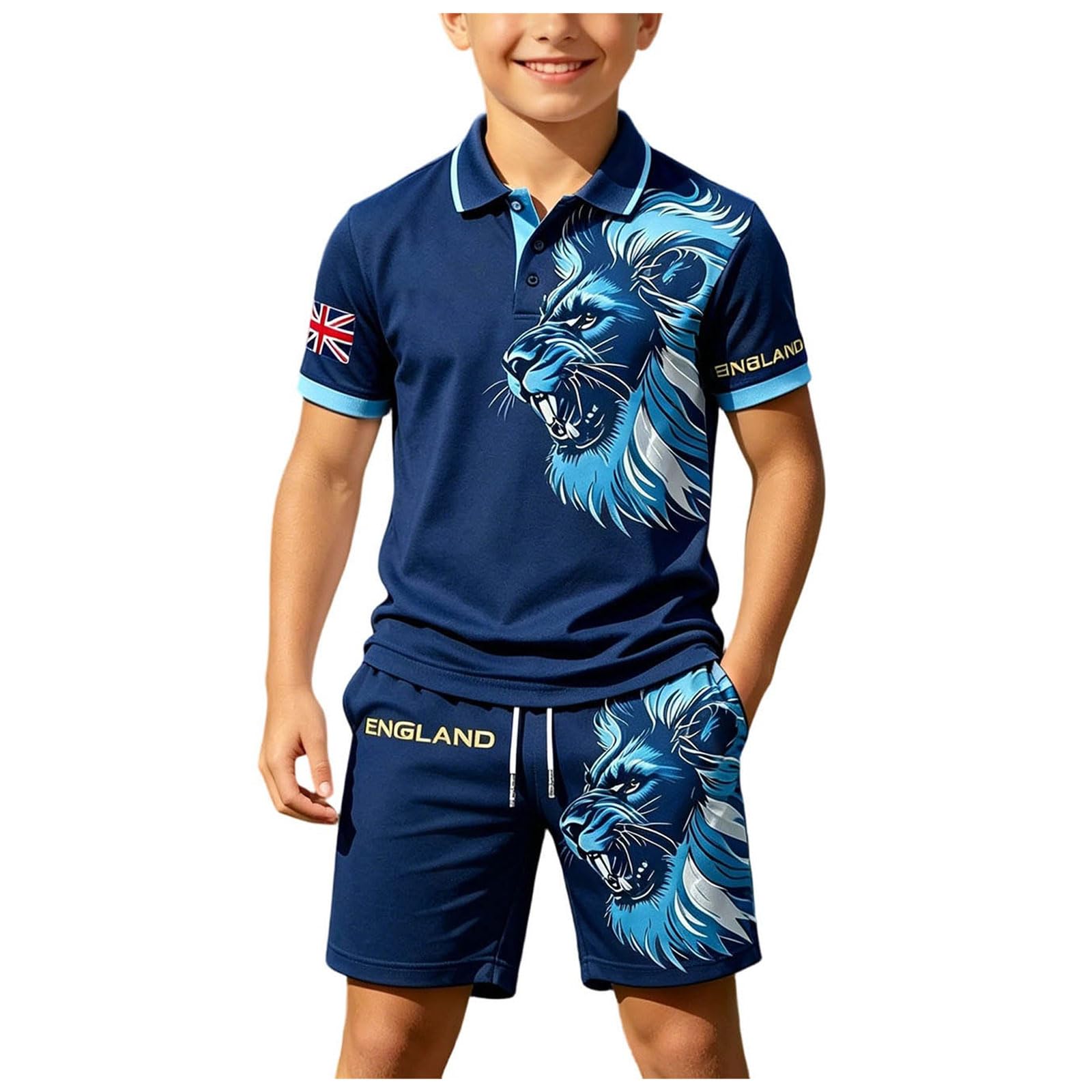 Kids England Football Shirt 2026 Boys Short Sleeve Collared Breathable Lightweight Polo Shirts Football Kit England Flag Print Athletic Shorts and T-Shirt Set Training Jersey (Blue-a, 4-5)
